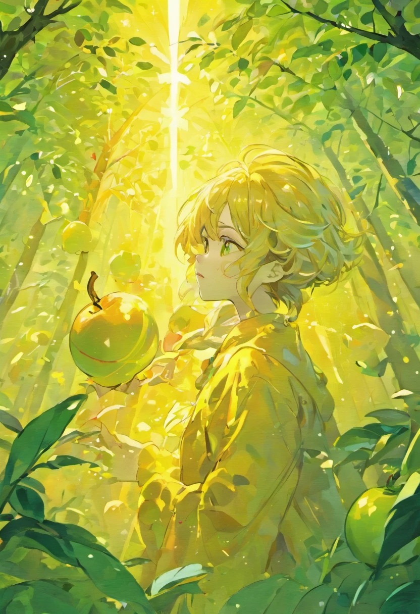 A green apple tree,(((It's all golden apples))),Medium range,Super meticulous,Masterpieces,hyper qualit,Soft lighting,Sony SLR lens,Ultra HD details