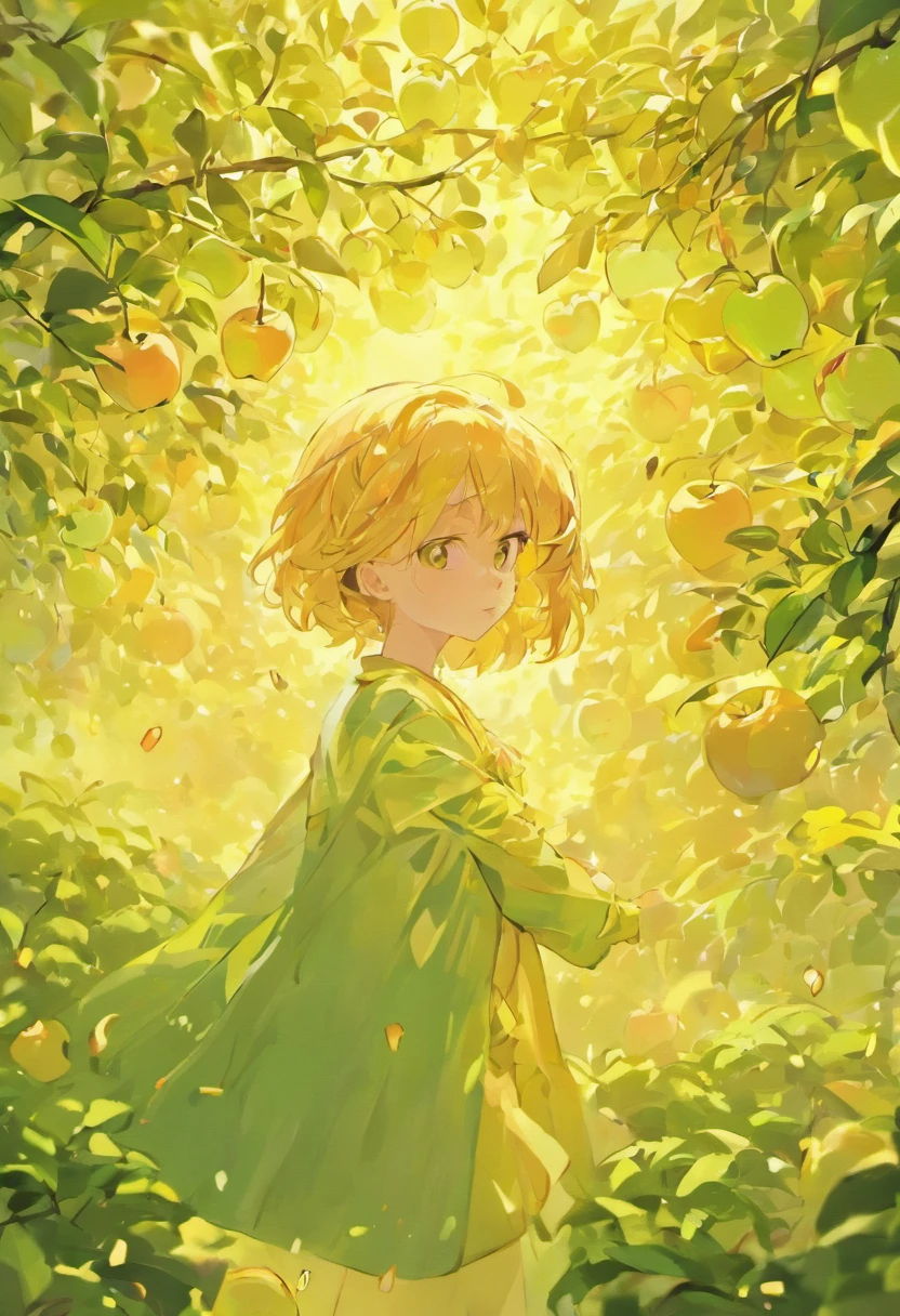 A green apple tree,(((It's all golden apples))),Medium range,Super meticulous,Masterpieces,hyper qualit,Soft lighting,Sony SLR lens,Ultra HD details
