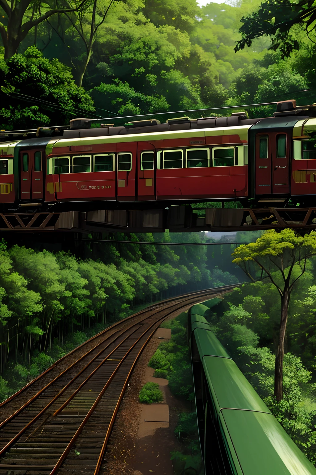 um velho trem atravessa uma floresta tropical. The forest is dense and leaves only enough space for the train to pass between the branches of the trees. The train is old and rusty, With falling parts, sujo