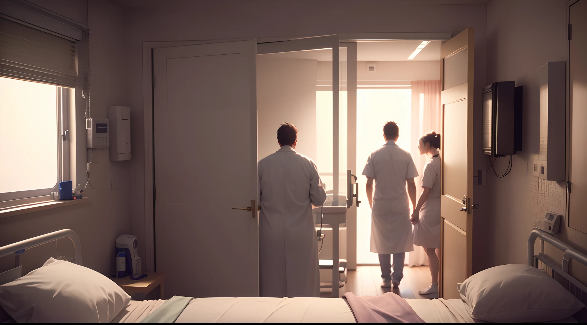 Background, (Scenes of the Intensive Care Unit), (a patient's family around the bed), (nowadays), (real and anime style), cinematic lighting, ray tracing, reflection light, depth of field, ((wide shot)), masterpiece, best quality, high quality, high details, highres, 4K, HD, 1080P