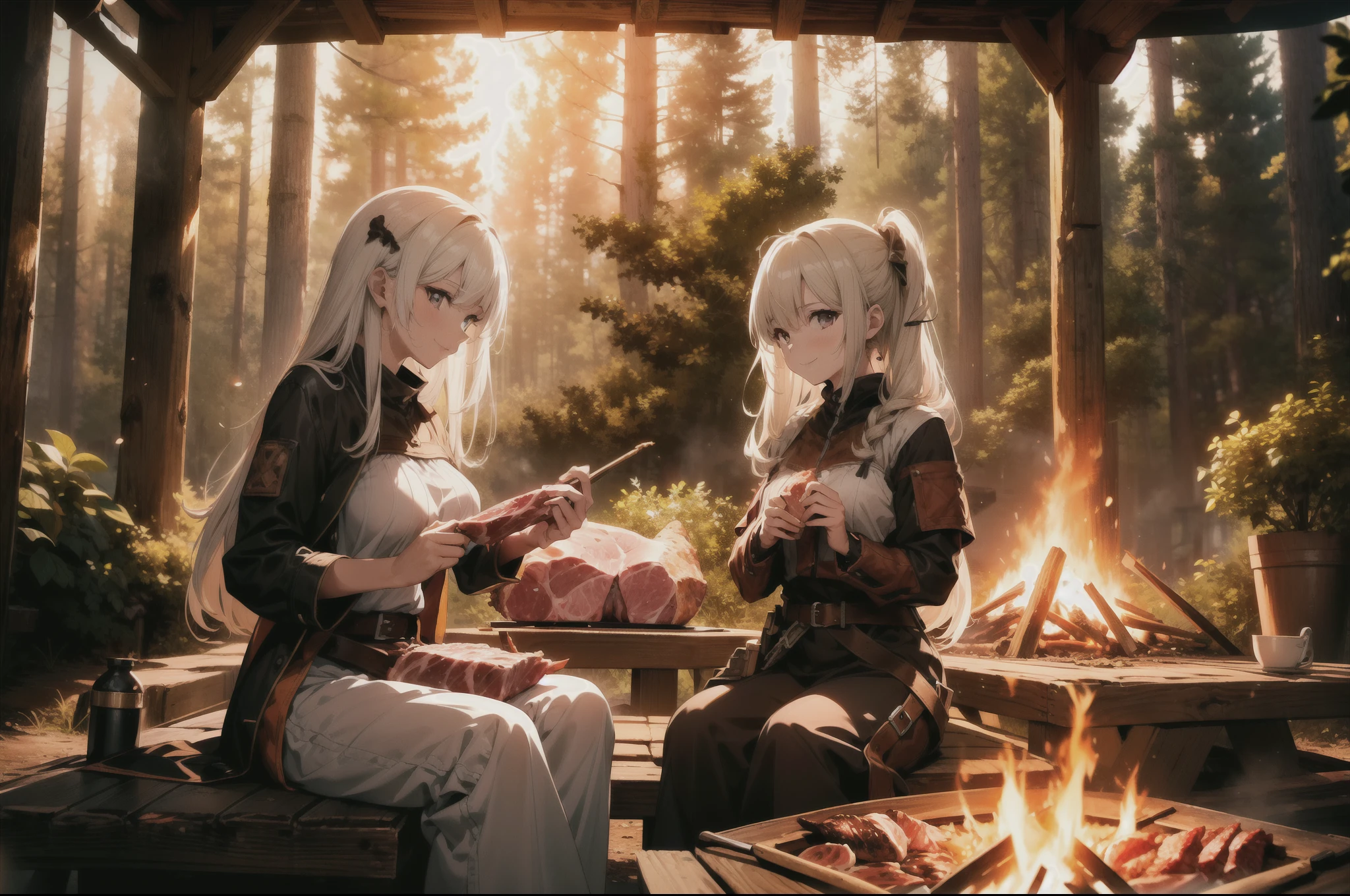 1 girl , sitting, (holding lump of bone-in meat) ,(campfire) , rustic armor , smile, character focus, close to viewer, cowboy shot, outdoor ,high resolution,(incredibly absurdres), (hires.fix:1.3),anime visual,extremely detailed CG unity 8k wallpaper, ((masterpiece)), ((top-quality)), (beautiful illustration,background Tento), ((an extremely delicate and beautiful))