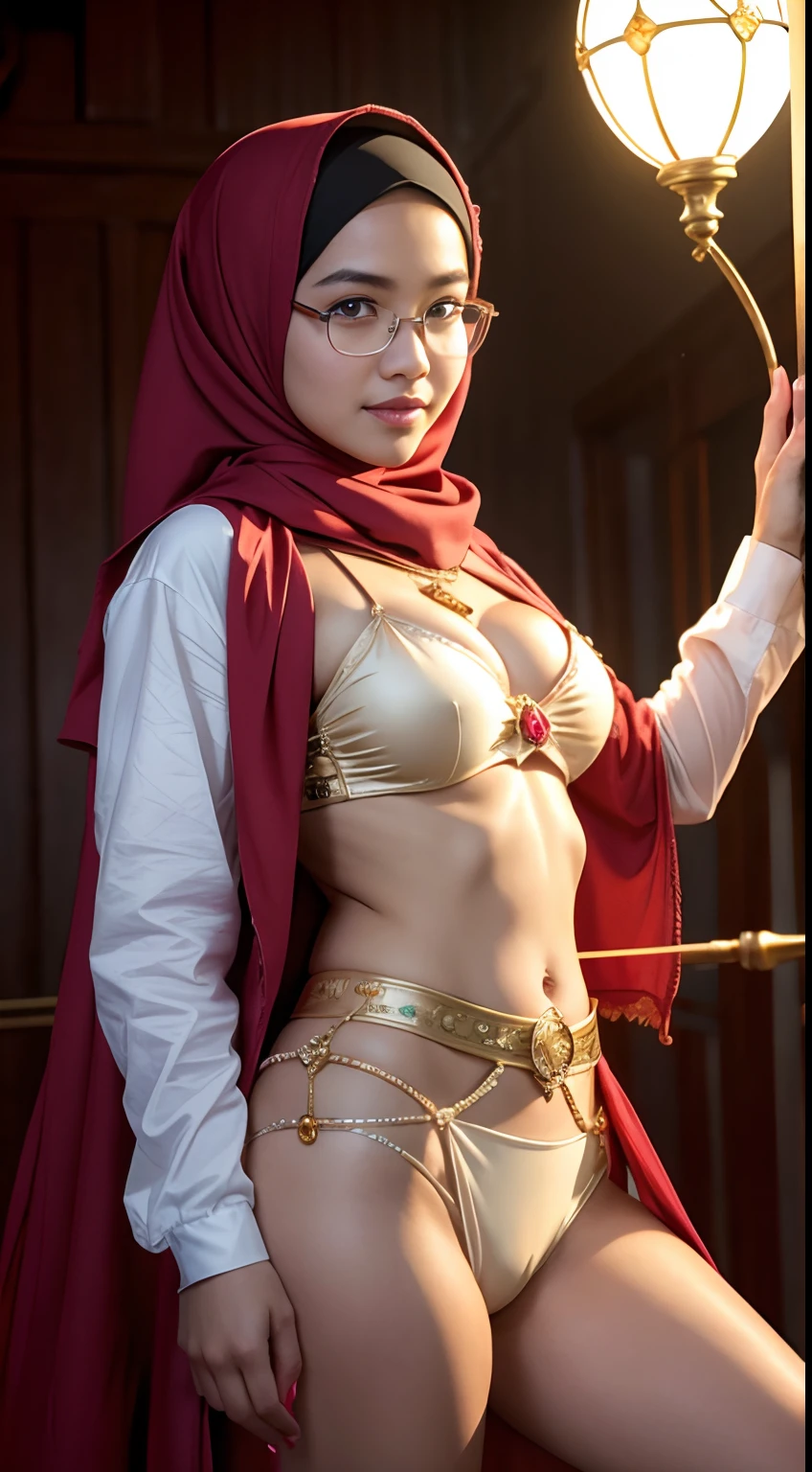 cowboy_pose,naughty, (iu:0.8),cleavage, RAW, Best quality, high resolution, Masterpiece: 1.3, Beautiful glasses pearl_skinned sexy hijabi javanese dressed as cardcaptor in magical land with lights, Masterpiece, Soft smile
