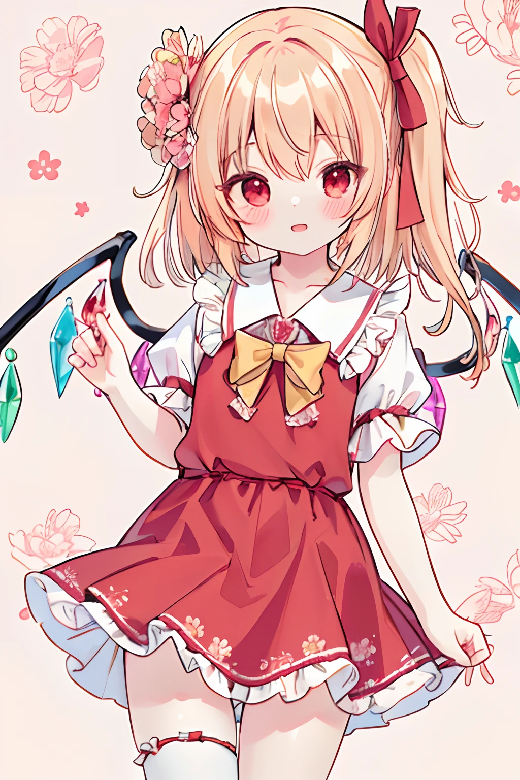 Ridiculous resolution, Ultra-detailed, (The best quality illustrations), 8K, 超A high resolution, Cowgirl Shot, Simple background, (Floral background)
Side by side, (Very cute, Cheerful, Flandre Scarlet, a miniskirt, perfect hand