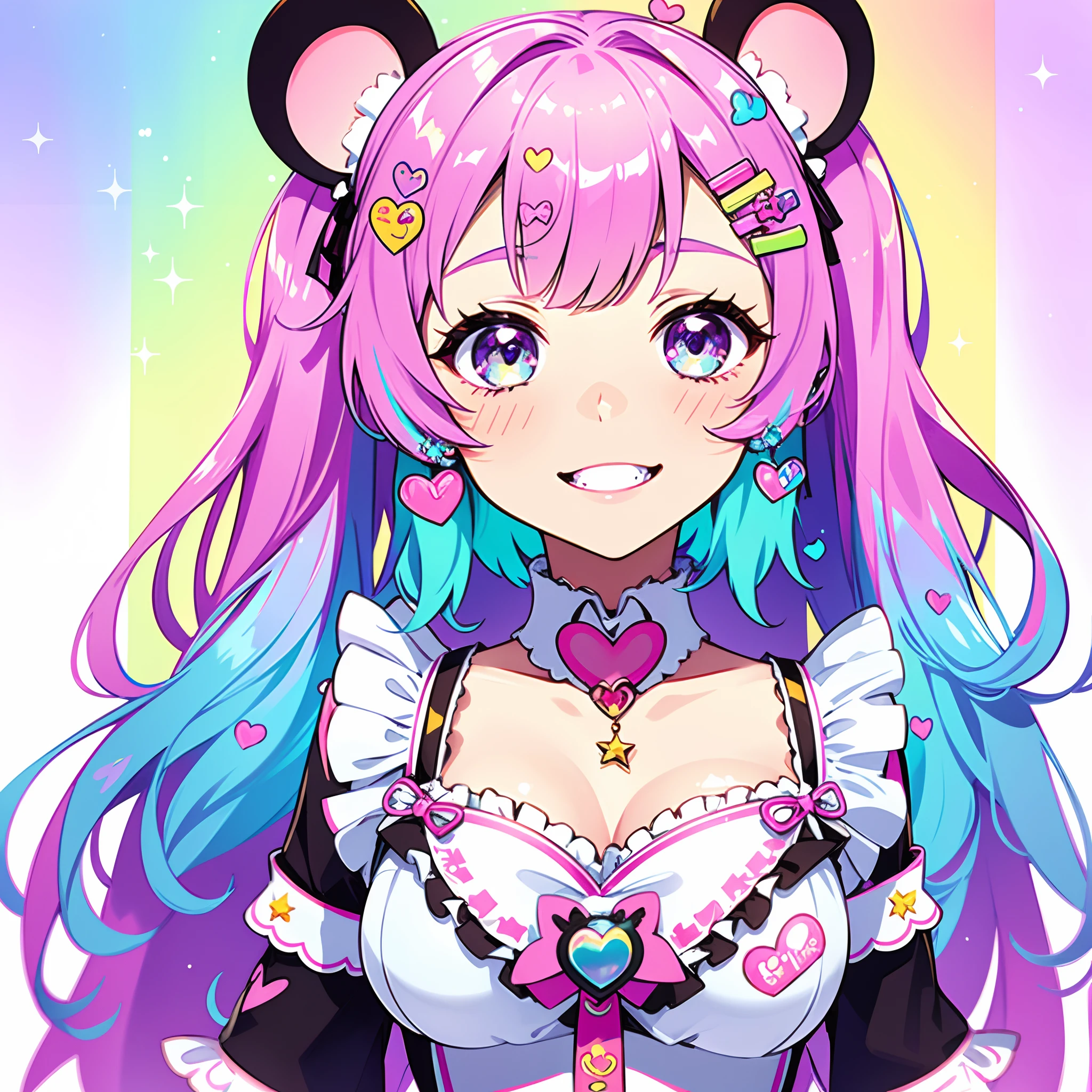 1girl, decora, mouse ears, maid outfit, neon colors, rainbow hair with ribbons, detailed 8k background of a playground with rainbow colors and crayola, smiling, teeth showing, cute background, place