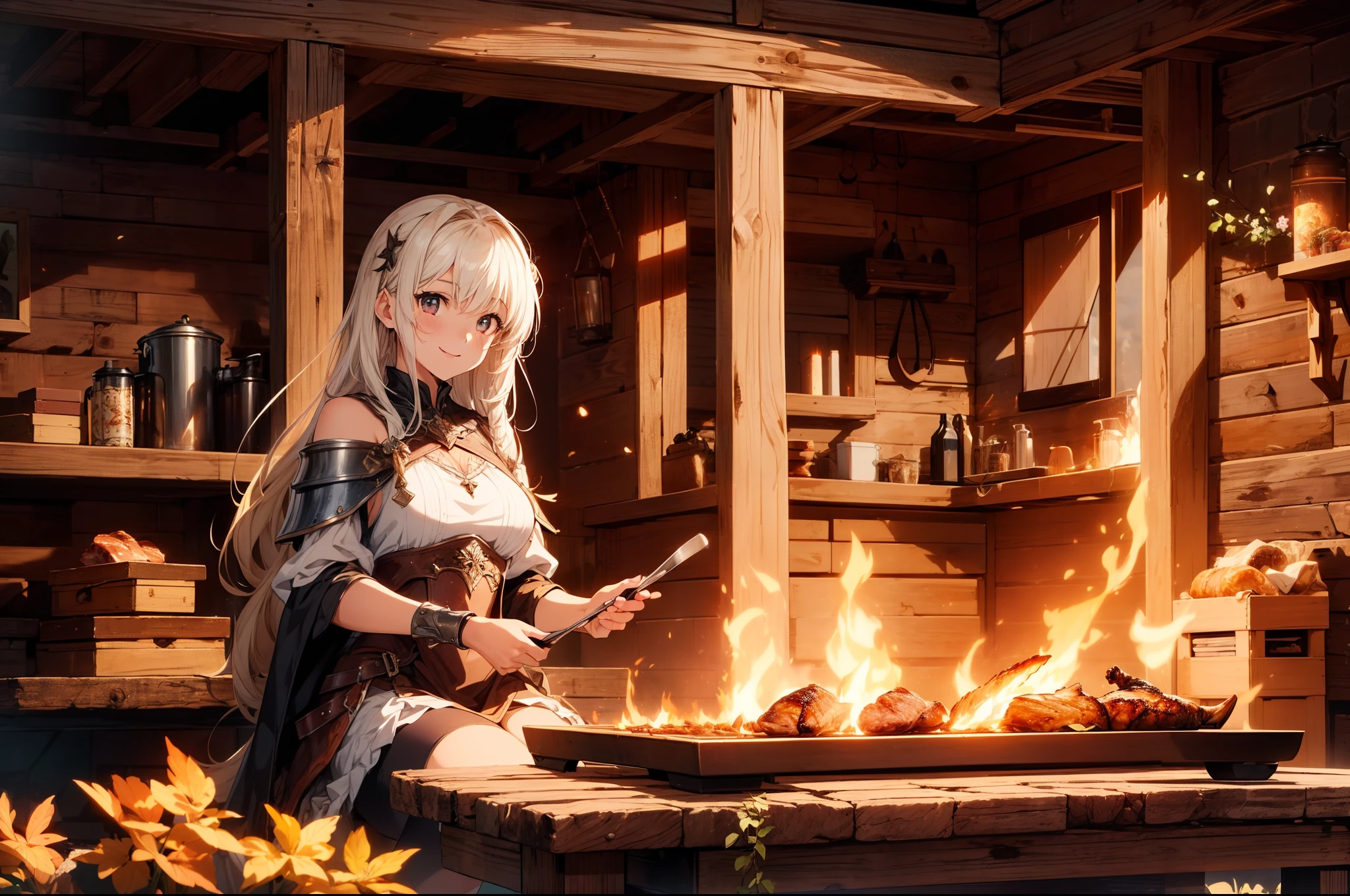 1 girl , sitting, Roast bone-in meat over an open flame , rustic armor ,fantasy, smile, character focus, close to viewer, cowboy shot ,high resolution,(incredibly absurdres), (hires.fix:1.3),anime visual,extremely detailed CG unity 8k wallpaper, ((masterpiece)), ((top-quality)), (beautiful illustration,background Tento), ((an extremely delicate and beautiful))