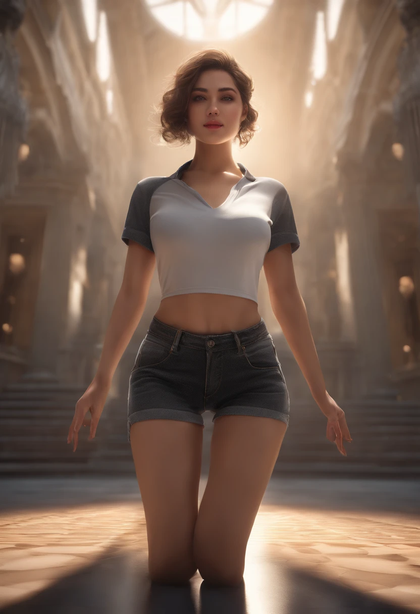 short, Red hair, green eyes, Naked, wet, smile girl 15 years old on the steps of the temple. photorealism. Bright, Rich colors. unreal engine. 3D model. Ultra high quality textures. 8k resolution