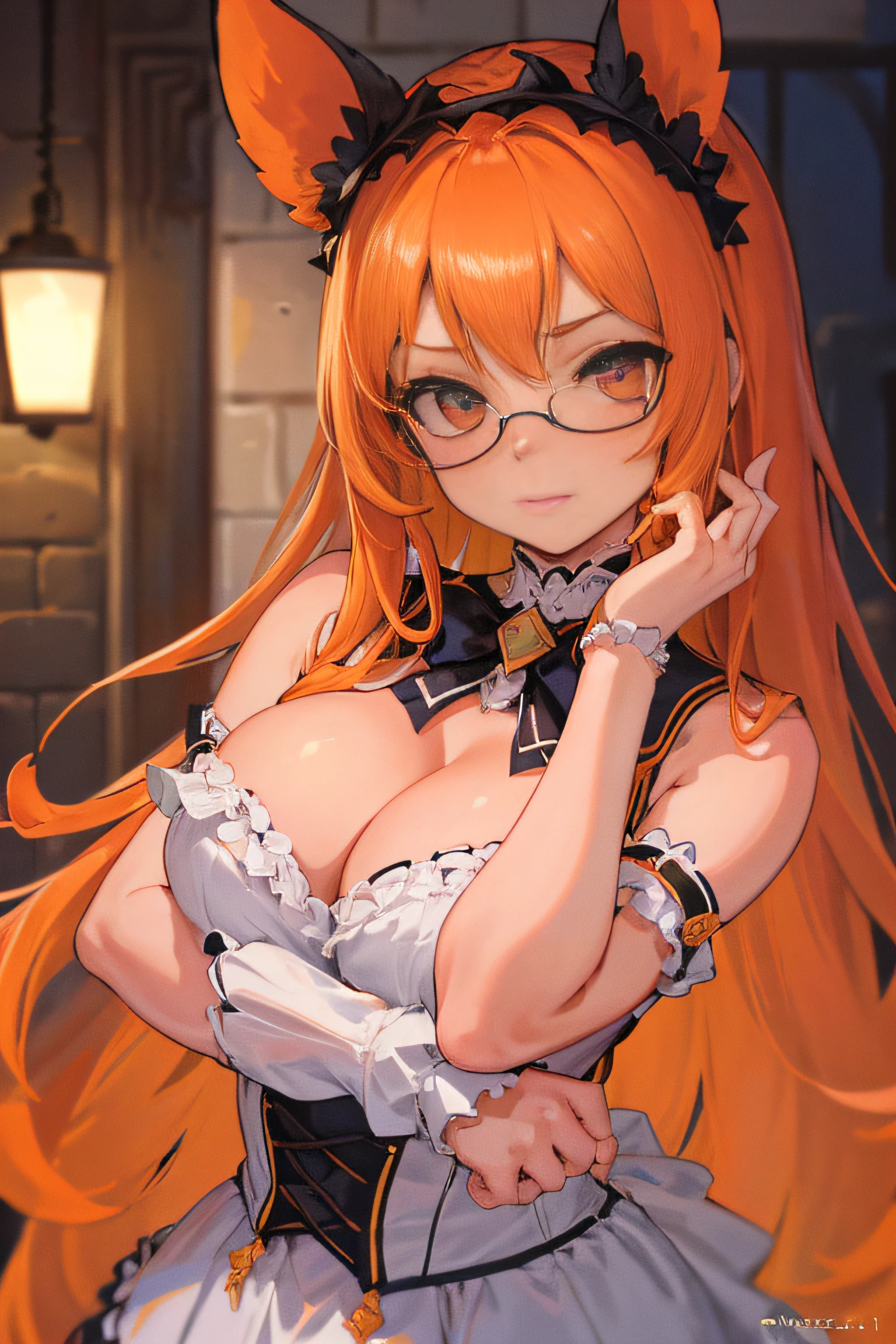portrait, (Masterpiece:1.2, Best quality:1.2, beau, High quality, high resolucion:1.1, aesthetics), Detailed, Extremely detailed, ambient soft lighting, 4K, Des yeux parfaits, visage parfait, Female ,Embarrassed, timide, Lunettes rondes, yeux orange, gros seins, cheveux orange courts, Tiled eyes, very unearthed face, elle travaille