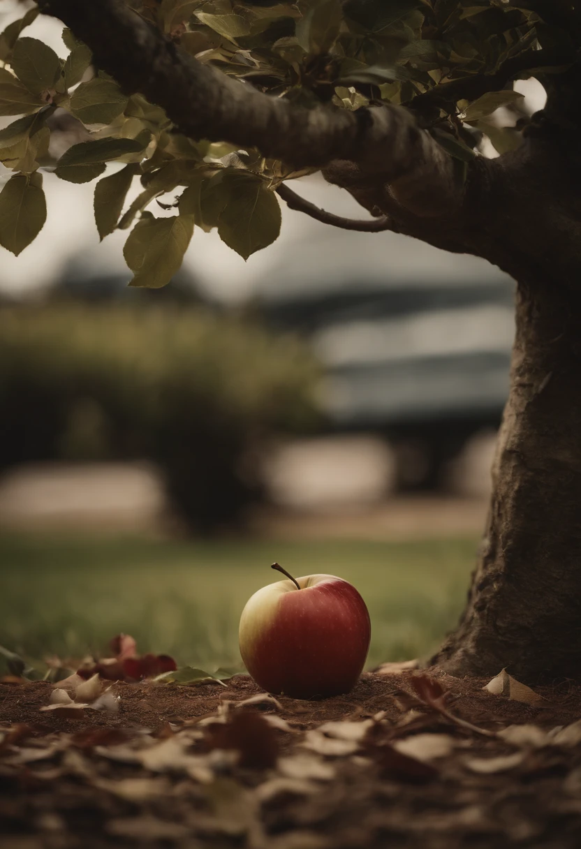 A European，50yearsold，mtu，Short curly brown hair，Sit under an apple tree，The apple hit the head，Poster magazine，hyper HD，the detail，Master masterpieces，Macro，Sony SLR lens