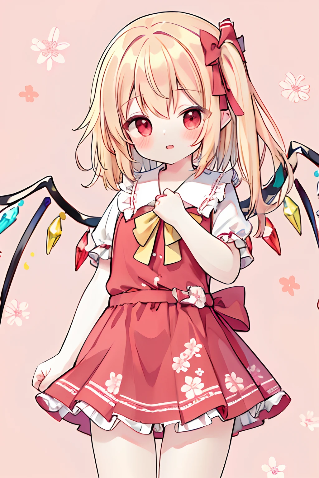 Ridiculous resolution, Ultra-detailed, (The best quality illustrations), 8K, 超A high resolution, Cowgirl Shot, Simple background, (Floral background)
Side by side, (Very cute, Cheerful, Flandre Scarlet, a miniskirt, perfect hand