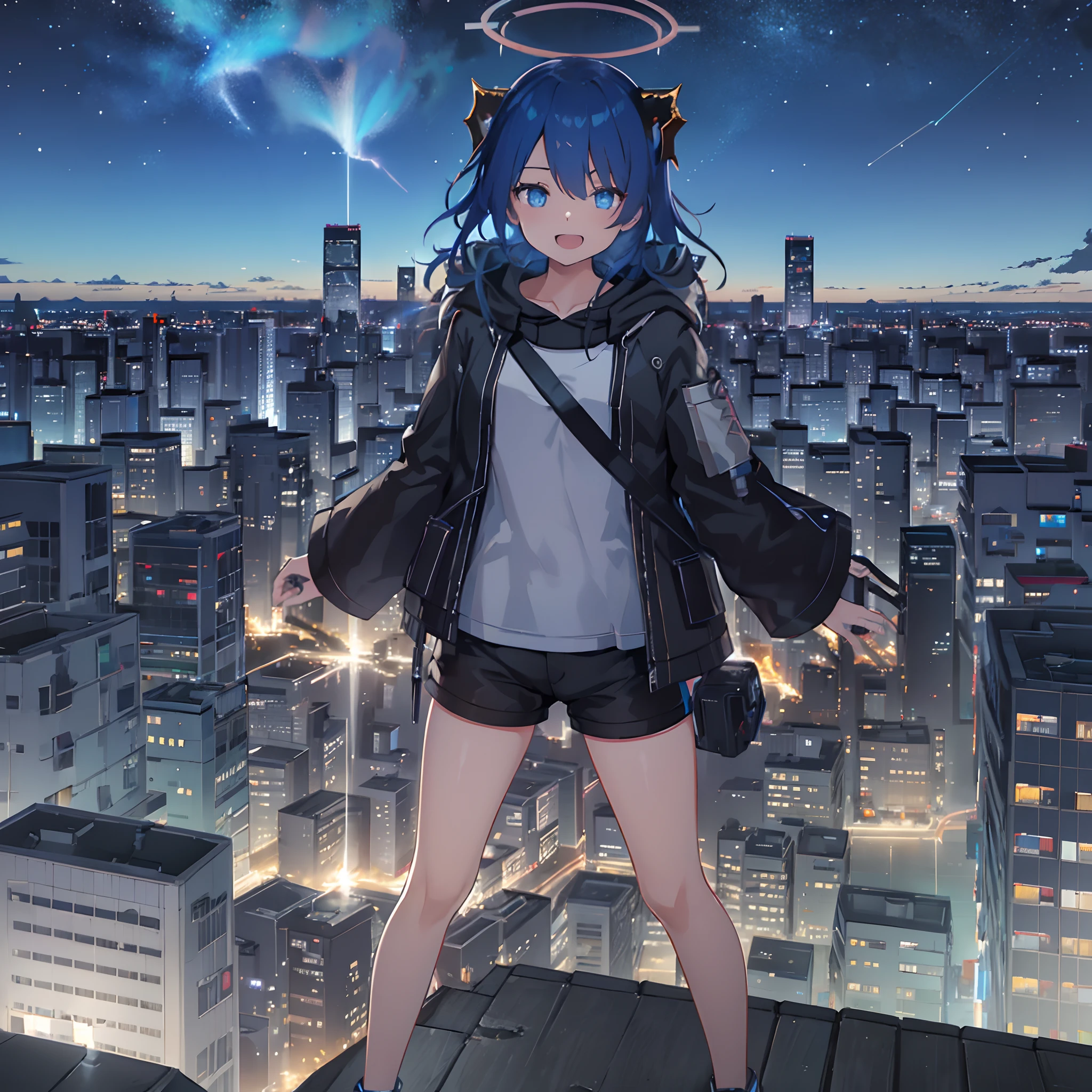 1girl, blue hair, horns, shattered halo, buildings, night, standing, white shirt, black hoodie, blue eyes, black shorts, Mostima, Arknights, smile, penguin logistics, magazine, japanese magazine, light art, soft art, open mouth, wink, gazing on the sky, stargazing, looking above, stars