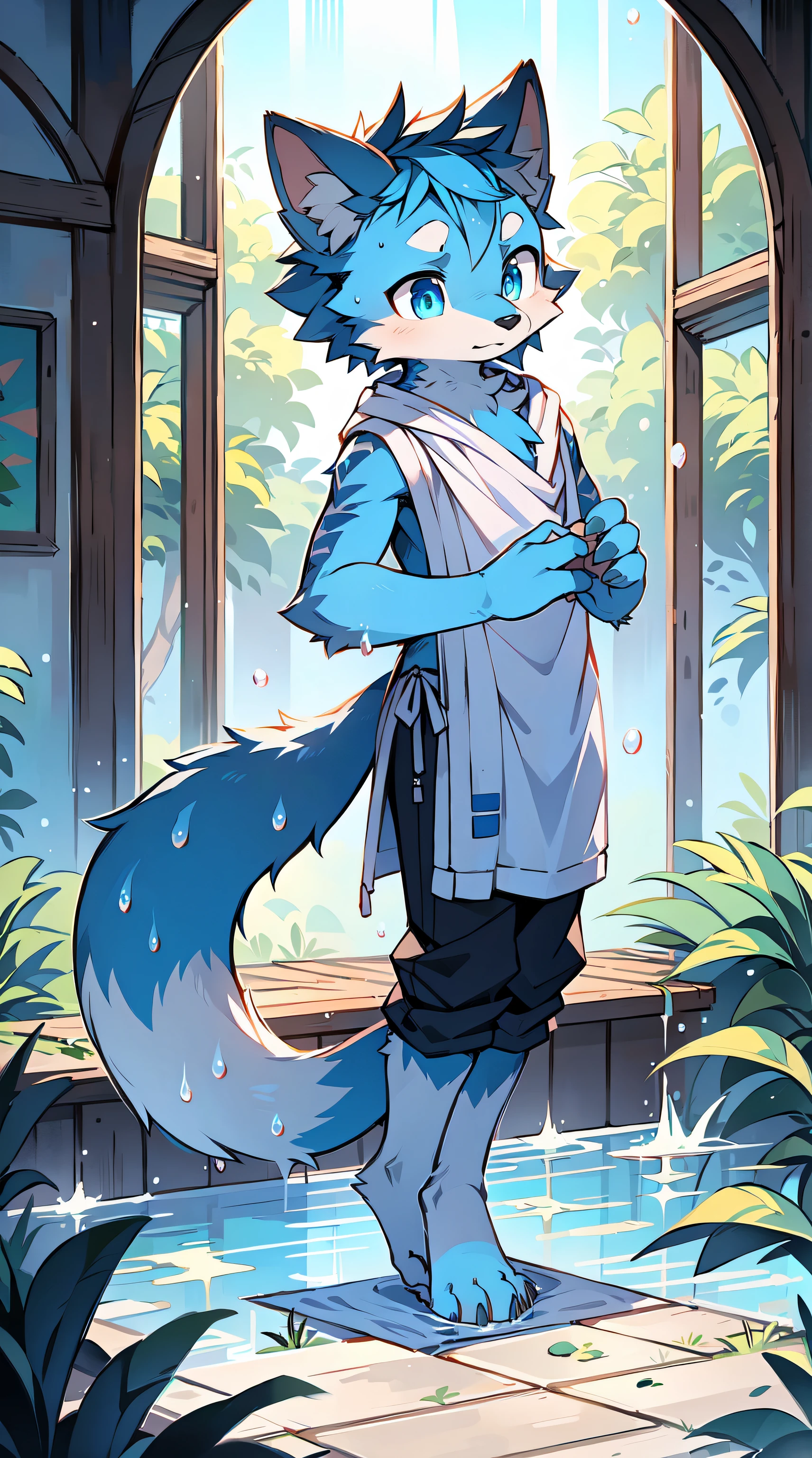 Rystal, Star Fox, Male, (A detailed), fluffly, Solo, , fotorealistisch, ((clear structural details)), Meticulous and realistic, A detailed eye, (Turquoise blue pupils), (( Lapis lazuli glowing eyes)),  Excellent quality, high detal, Detailed fur, ((The tail is in the right place) ，bathing towel，standing on your feet