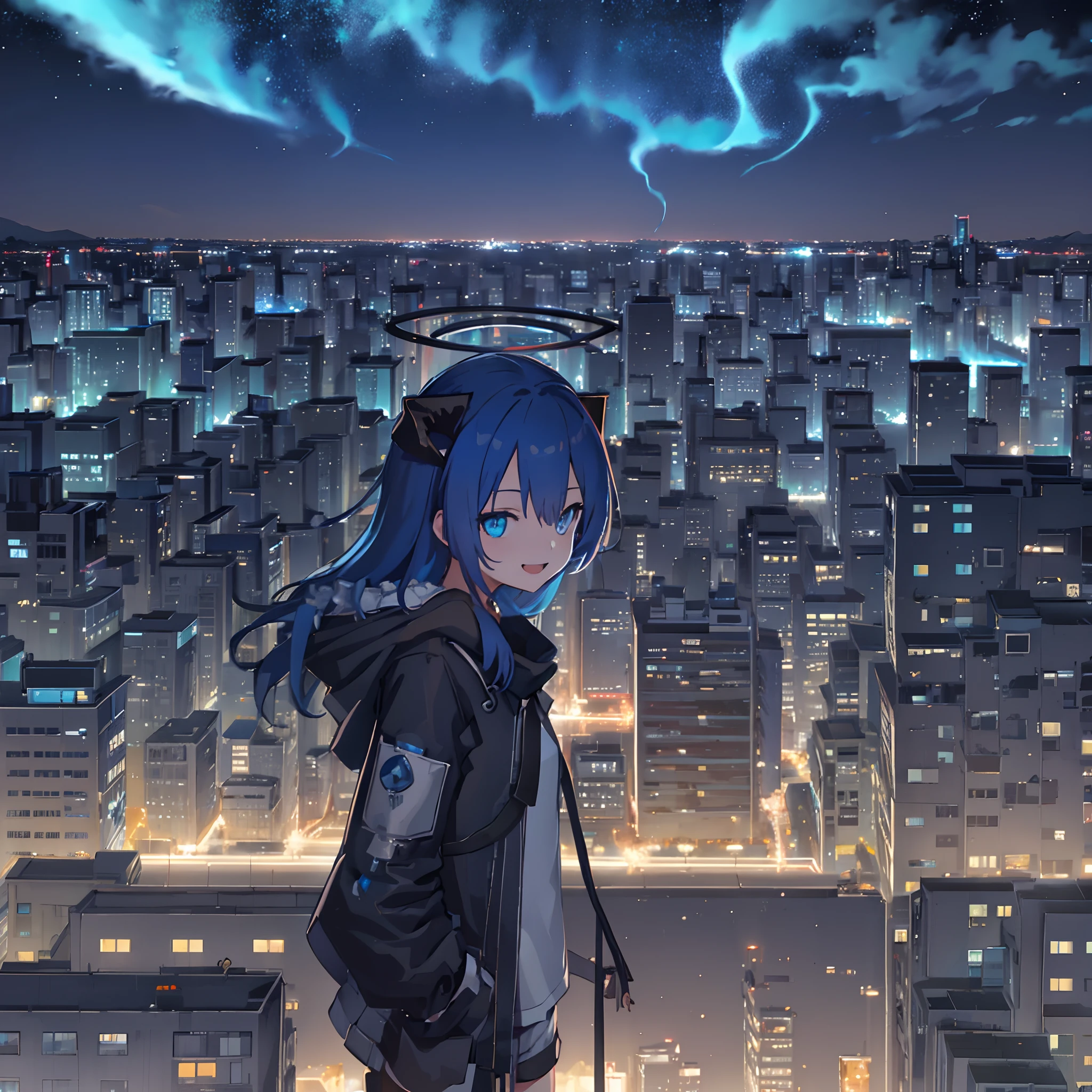 1girl, blue hair, horns, shattered halo, buildings, night, standing, white shirt, black hoodie, blue eyes, black shorts, Mostima, Arknights, smile, penguin logistics, magazine, japanese magazine, light art, soft art, open mouth, wink, gazing on the sky, stargazing, looking above, stars