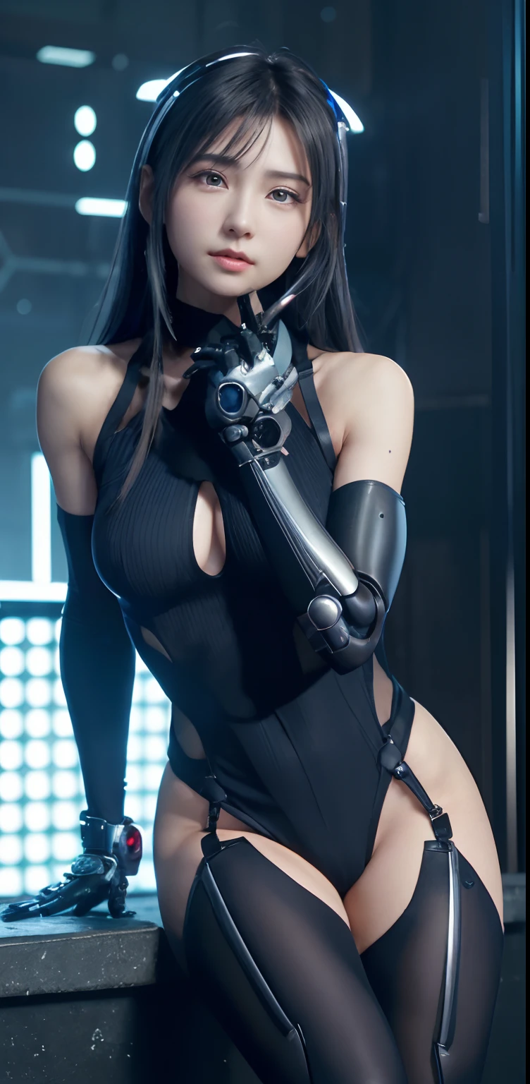 masterpiece、((Dark blue leotard covering the whole body))、 ((plugsuit)), ((a beauty girl:1.2))、I don't have both arms.、Some mechs、Mechanized body、Mechanized chest and abdomen、Mechanized occipital、Mechanized legs、Black metallic suit tight to the body、is standing、Tied up、Metal Robot、((Cyberpunk background))、(Neon light)、(Background of the machine shop of the future)、Cyberdyne、Artificial bodies、All-metal body、Ironwork、Abdominal mechanism、((Robotic Arms and Hands))、((Robot legs))、((Cervical part of the machine))、Inside the spaceship、a beauty girl、sixteen years old、Asian Beauty, (Abdomen exposes actuators and cables)、From the neck down is the body of a metal robot、Complex 3d rendering beautiful porcelain profile super detailed female android face、cyborgs、roboticparts、150mm、beautiful studio soft light、Rim Lights、vibrant detail、luxuriouscyberpunk、Ren Hao、surrealistic、Anatomical、face muscles、cable electric wires、microchips、elegent、beatiful backgrounds、octan render、HR Giger Style、8K、top-quality、masterpiece、illustratio、extremely delicate and beautiful、 extremely details CG、Unity、wall-paper、(realisitic、Photorealsitic:1.37)、astonishing、detaile、masterpiece、best qualtiy、Official art、Highly detailed CG Unity 8k wallpaper、absurderes、incredibly absurdness、、机器人、Silver Halmet、full body Esbian、sitting on