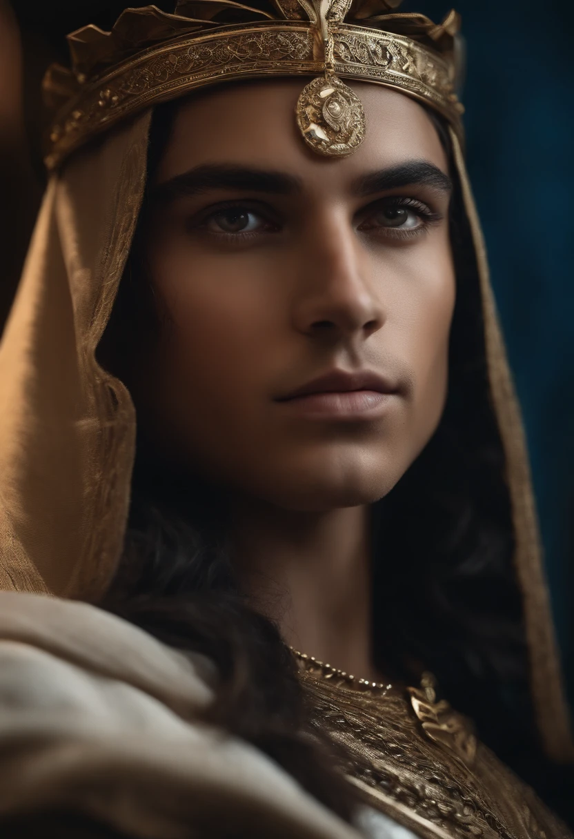 The young king is an imposing figure, with black hair and piercing blue eyes that seem to see through the people around him. Her hair is short and her face is straight, imberbe, que destaca a juventude de sua realeza. Vestido com suntuoso traje real, ele ostenta uma coroa resplandecente, que brilha com uma aura de autoridade. In addition to his regal presence, The young king has an imposing and athletic physique, with defined muscles that transmit strength and vitality. Her upright bearing denotes confidence and determination, while an expression of fiery fury on his face suggests a resolute leader, pronto para enfrentar desafios e impor sua vontade. Cinematic realistic portrait, bonito rosto detalhado, rosto realista altamente detalhado, Rosto altamente detalhado de 8k, retrato de rosto detalhado realista, 8k portrait render, sharp high detail face, realistic face moody lighting, rosto realista detalhado, rosto realista humano, Retrato VFX altamente detalhado, rosto detalhado e realista, rosto realista e detalhado