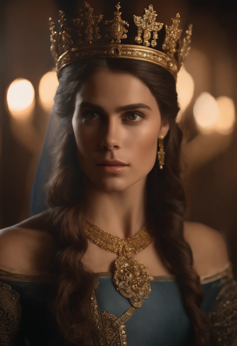 The young king is an imposing figure, with black hair and piercing blue eyes that seem to see through the people around him. Her hair is short and her face is straight, imberbe, que destaca a juventude de sua realeza. Vestido com suntuoso traje real, ele ostenta uma coroa resplandecente, que brilha com uma aura de autoridade. In addition to his regal presence, The young king has an imposing and athletic physique, with defined muscles that transmit strength and vitality. Her upright bearing denotes confidence and determination, while an expression of fiery fury on his face suggests a resolute leader, pronto para enfrentar desafios e impor sua vontade. Cinematic realistic portrait, bonito rosto detalhado, rosto realista altamente detalhado, Rosto altamente detalhado de 8k, retrato de rosto detalhado realista, 8k portrait render, sharp high detail face, realistic face moody lighting, rosto realista detalhado, rosto realista humano, Retrato VFX altamente detalhado, rosto detalhado e realista, rosto realista e detalhado