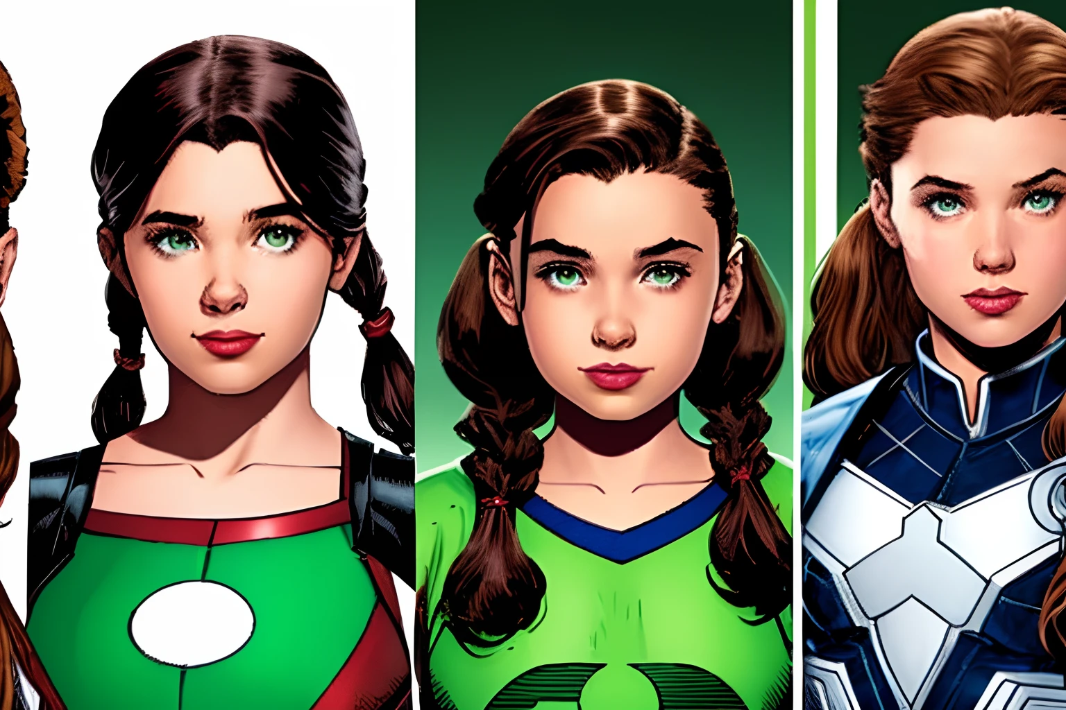 A marvel panel, make me a 12 year old girl with brown pigtails and green eyes