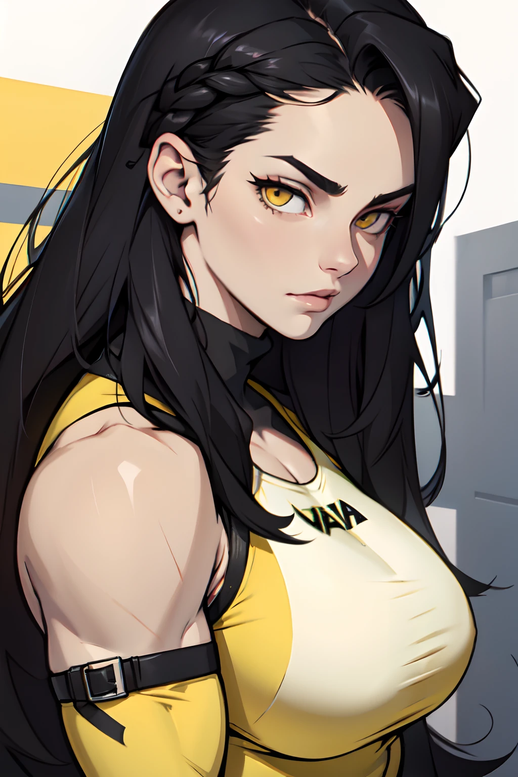 girl pale skin black hair long hair yellow eyes bodybuilder big tits close up