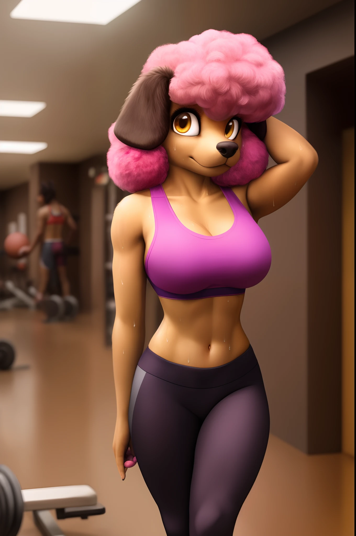 Frenchie, masterpiece, best quality, 1girl, yellow eyes, poodle, dark brown fur, pink hair, breasts, gym, sports bra, solo, navel, sweat, pants, cleavage, looking at viewer, sportswear, yoga pants, ball, large breasts, midriff, bangs, collarbone, black pants, indoors, furry female, animal ears, floppy dog ears, puffball at end of floppy ears. furry, dog tail, puffball on tail,