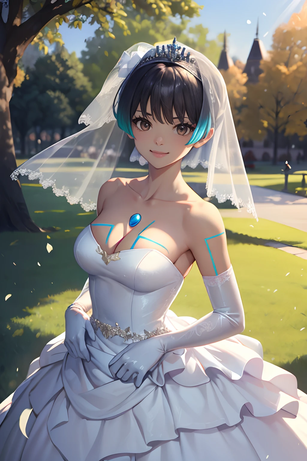 sena \(xenoblade\), bangs, brown eyes, hair between eyes, ahoge, hair ornament, gloves, dress, cleavage, bare shoulders, collarbone, white oprea gloves, white gloves, white dress, strapless, tiara, veil, strapless dress, wedding dress, bridal veil, beautiful woman, perfect body, perfect breasts, wearing a wedding dress, ball gown, in the park trees, wedding decorations, looking at the viewer, a slight smile, realism, masterpiece, textured skin, super detail, high detail, high quality, best quality, 1080p, 16k