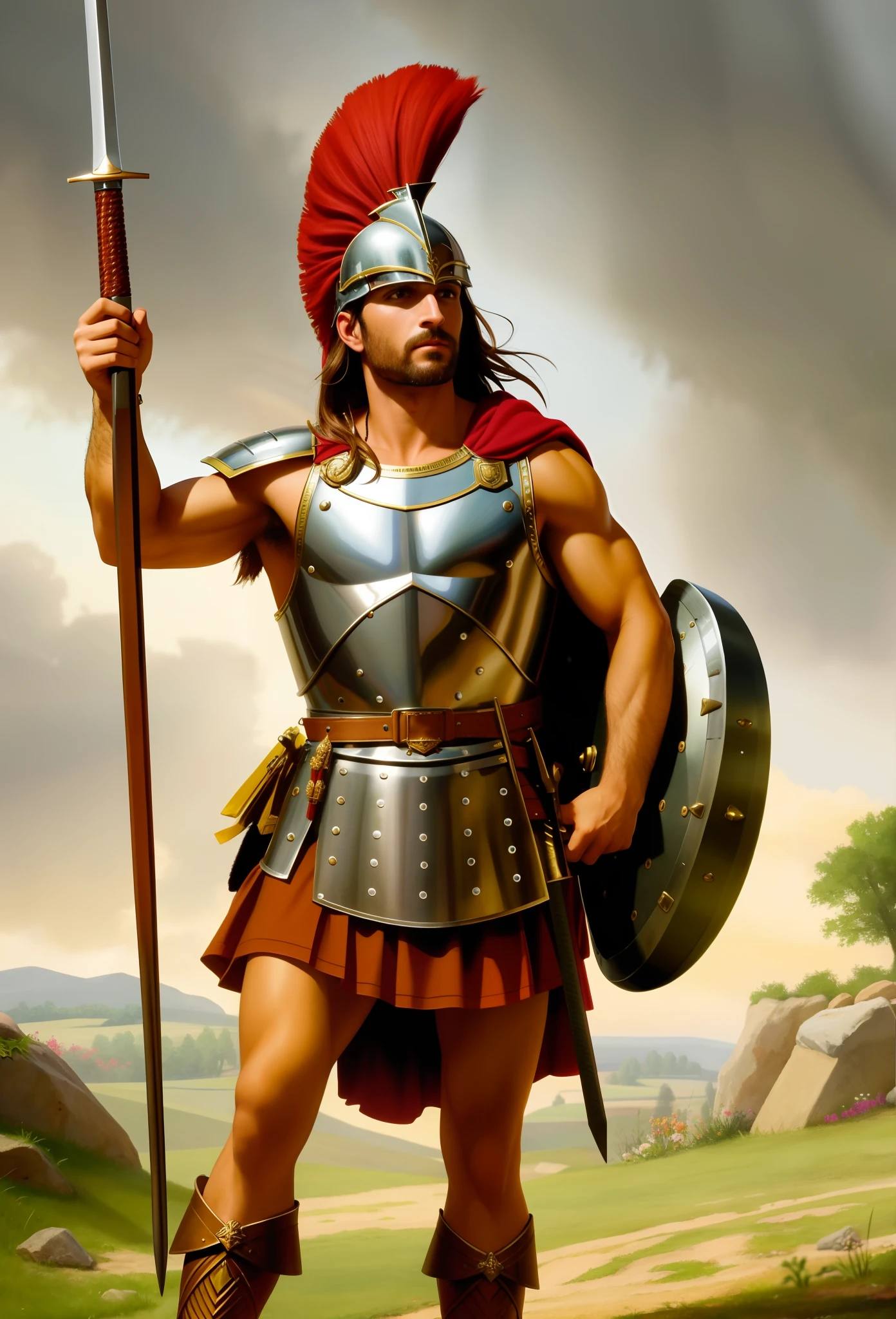 Vercingetorix there is a painting of a man in armor holding a sword, guerreiro eEspartanoo, Espartano, vestido com armadura e Espartano, Soldado antigo, Pintura de Golias, greek amazon warrior, Retrato do deus grego Ares, Retrato de Aquiles, guerreiro antigo, imagem de um guerreiro masculino adulto, guerreiro persa, guerreiro masculino, armadura e Espartano, vestido com armadura romana