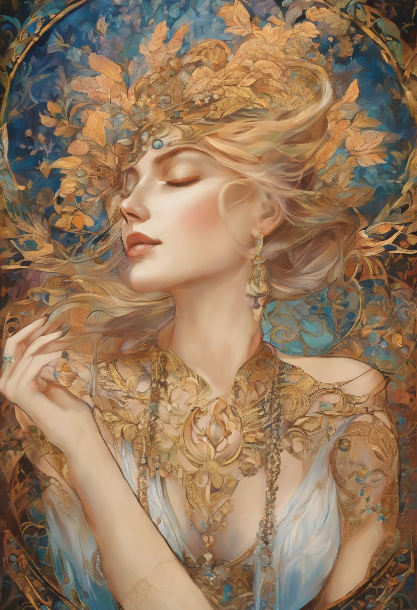 Painting of a woman with closed eyes, ((Golden ratio}} After a long night in the city、laying on a couch, sensual painting, Beautiful expressive paintings, Wadim Kashin. Ultraphotorealism, Louise Ross, digital painting art, Perceptual Digital Painting, Stylish Digital Painting, Bonito painting, glossy digital painting, beautiful digital painting, Digital Art Painting, Fine painting, ((Rod Acrylic Paint)).