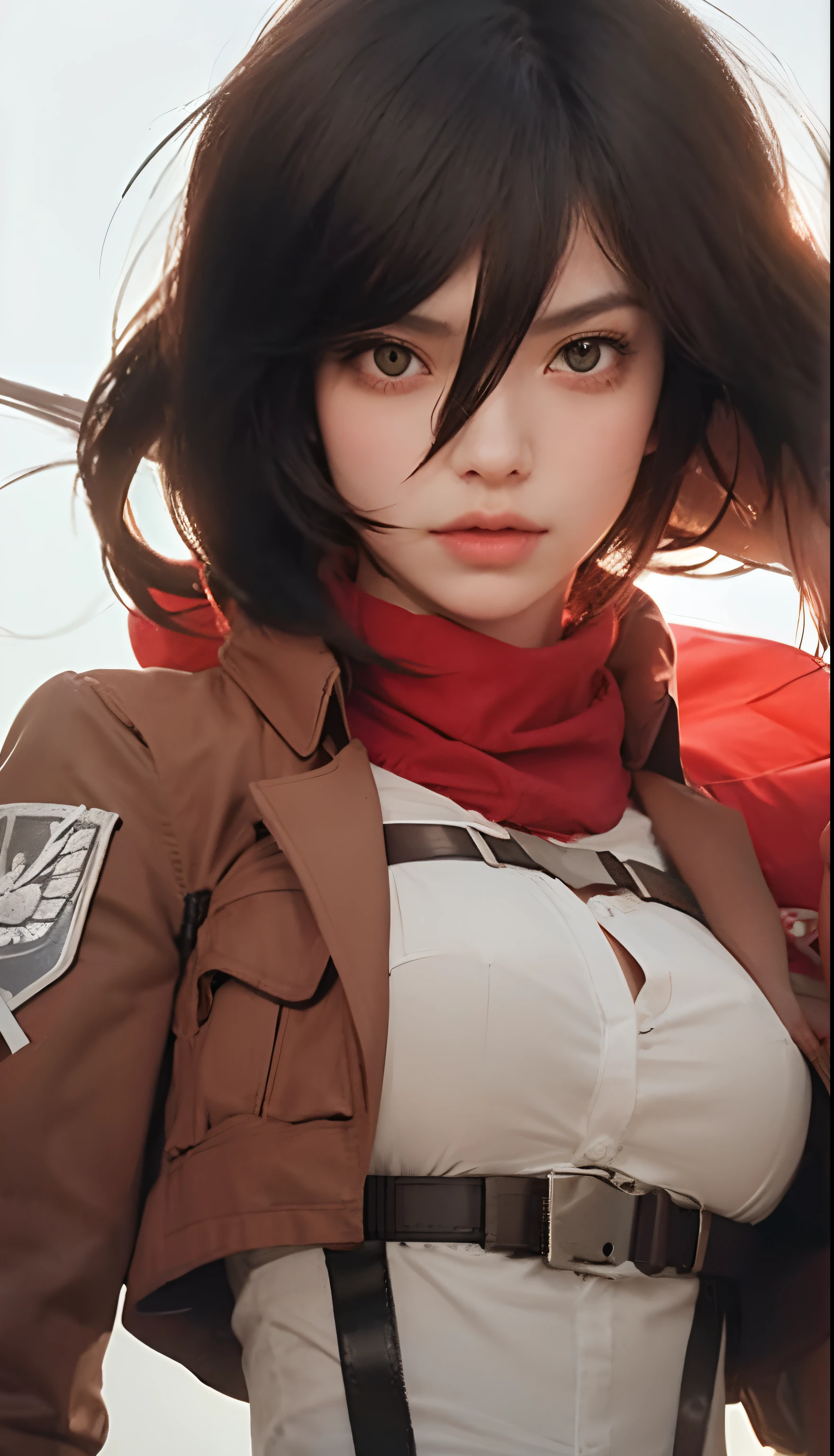 there is a woman in brown jacket leaning on a table, mikasa ackerman, from attack on titan, cosplay, 2b, 2 b, snk, badass pose, full-cosplay, in attack on titan, professional cosplay, looking like annie leonhart, anime girl cosplay, artgerm moody photography, cosplay photo, Mikasa