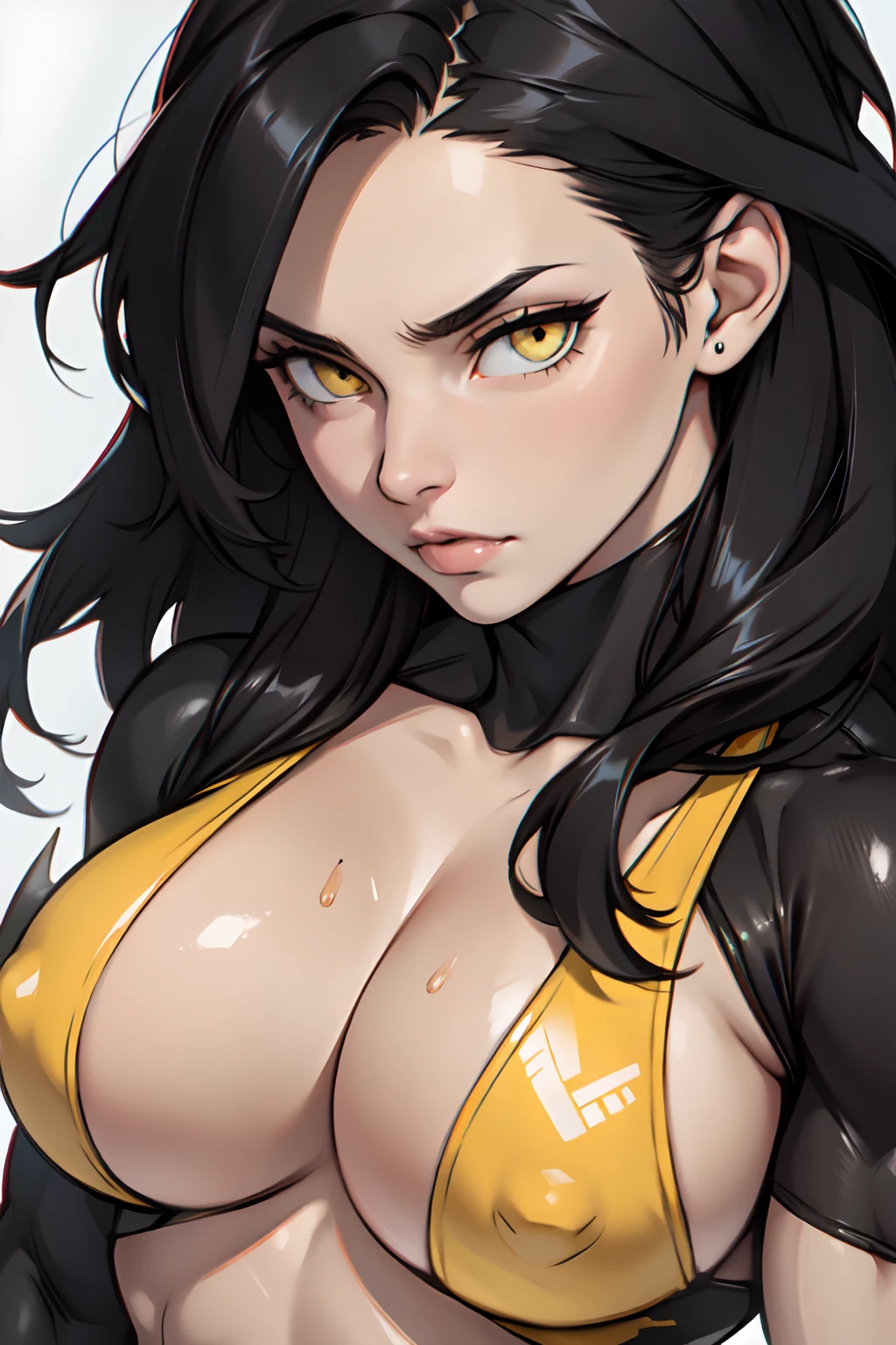 girl pale skin black hair long hair yellow eyes bodybuilder big tits close up