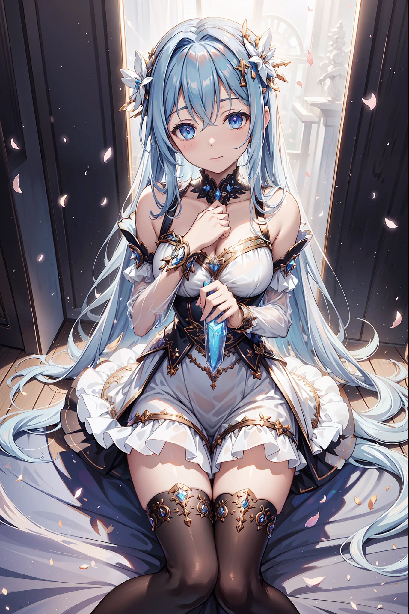solo person,the night,inside in room,shyexpression,Little Saint,Transparent dream dress,see-through sleeves,Enchanted,Petal edges,adolable,Light colors,gentleness,Divine decoration,Sacred motifs,Lace,Ruffles,extremely detailed CG 8k wallpaper,best qualtiy,tmasterpiece,A high resolution,Delicate and beautiful face