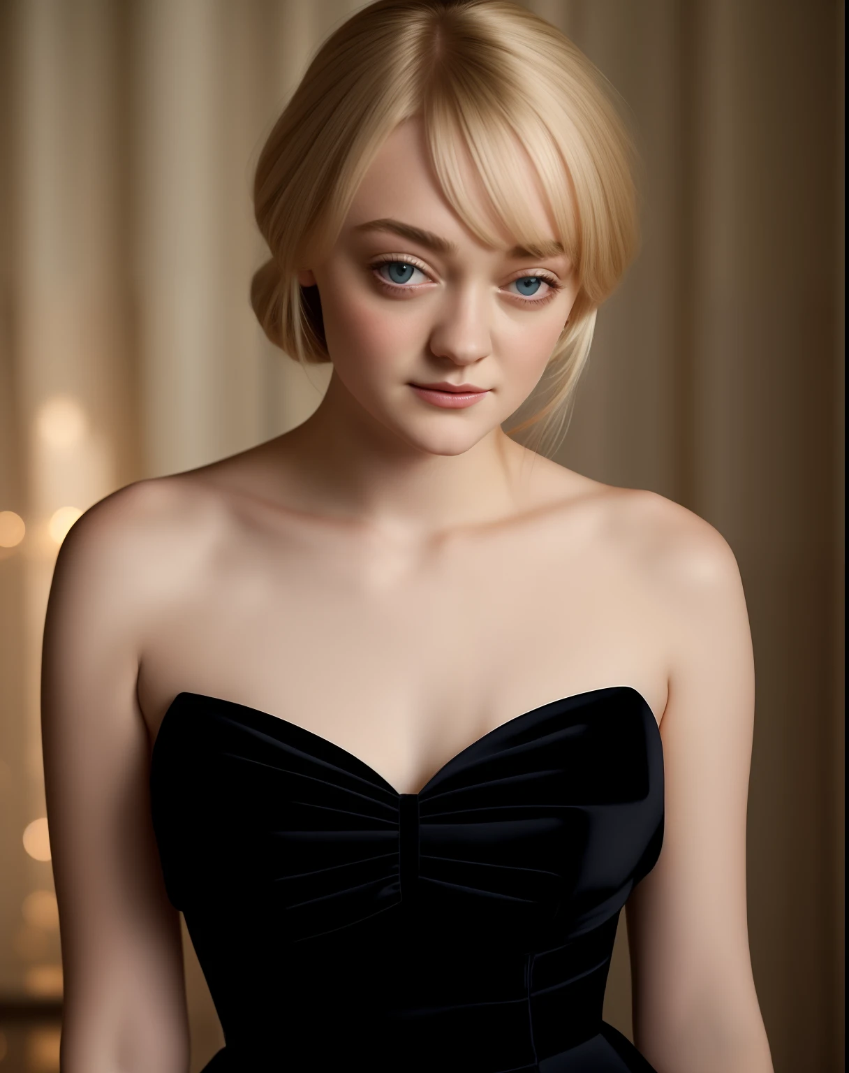 blond woman in black dress, dakota fanning, soft portrait shot 8 k, female portrait, james jean soft light 4k, james jean soft light 4 k, a still of an ethereal
