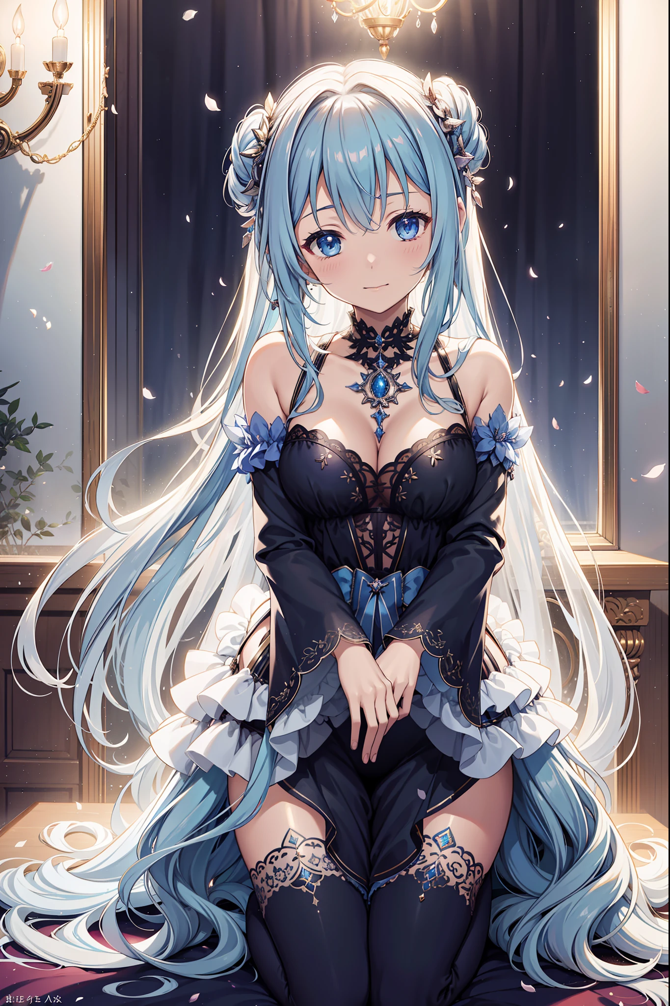 solo person,the night,inside in room,shyexpression,saintess,See-through Pajamas,see-through sleeves,Enchanted,Petal edges,adolable,Light colors,gentleness,Divine decoration,extremely detailed CG 8k wallpaper,best qualtiy,tmasterpiece,A high resolution,Delicate and beautiful face