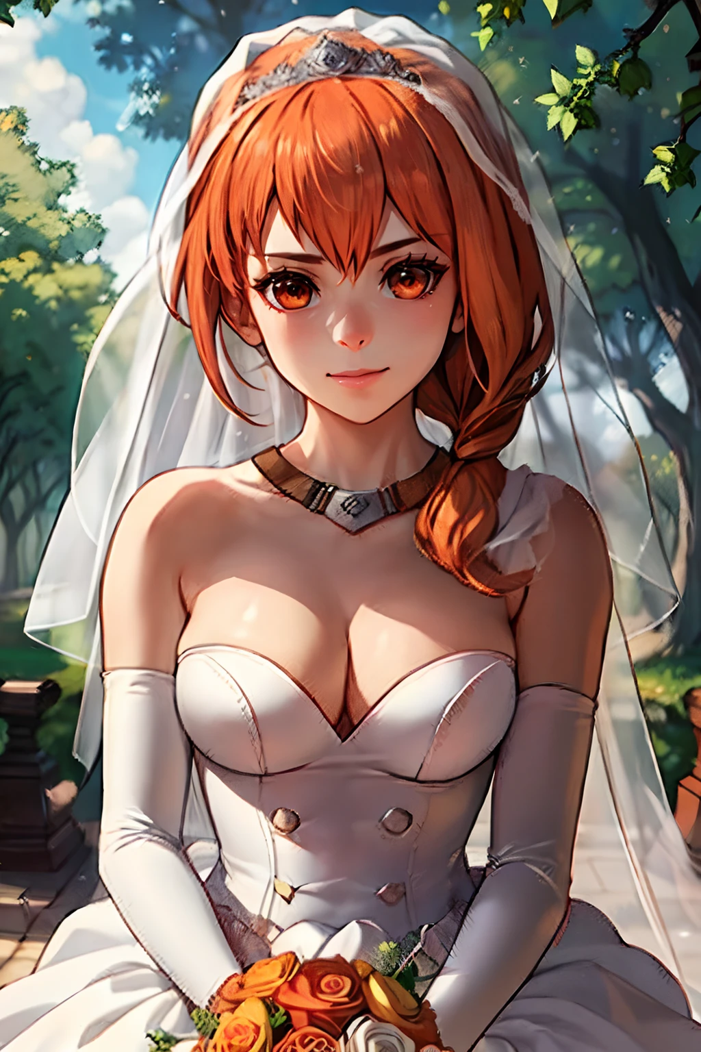 leoniems, bangs, orange eyes, hair between eyes, ahoge, orange hair, red hair, star \(symbol\), hair ornament, gloves, dress, cleavage, bare shoulders, collarbone, white oprea gloves, white gloves, white dress, strapless, tiara, veil, strapless dress, wedding dress, bridal veil, beautiful woman, perfect body, perfect breasts, wearing a wedding dress, ball gown, in the park trees, wedding decorations, looking at the viewer, a slight smile, realism, masterpiece, textured skin, super detail, high detail, high quality, best quality