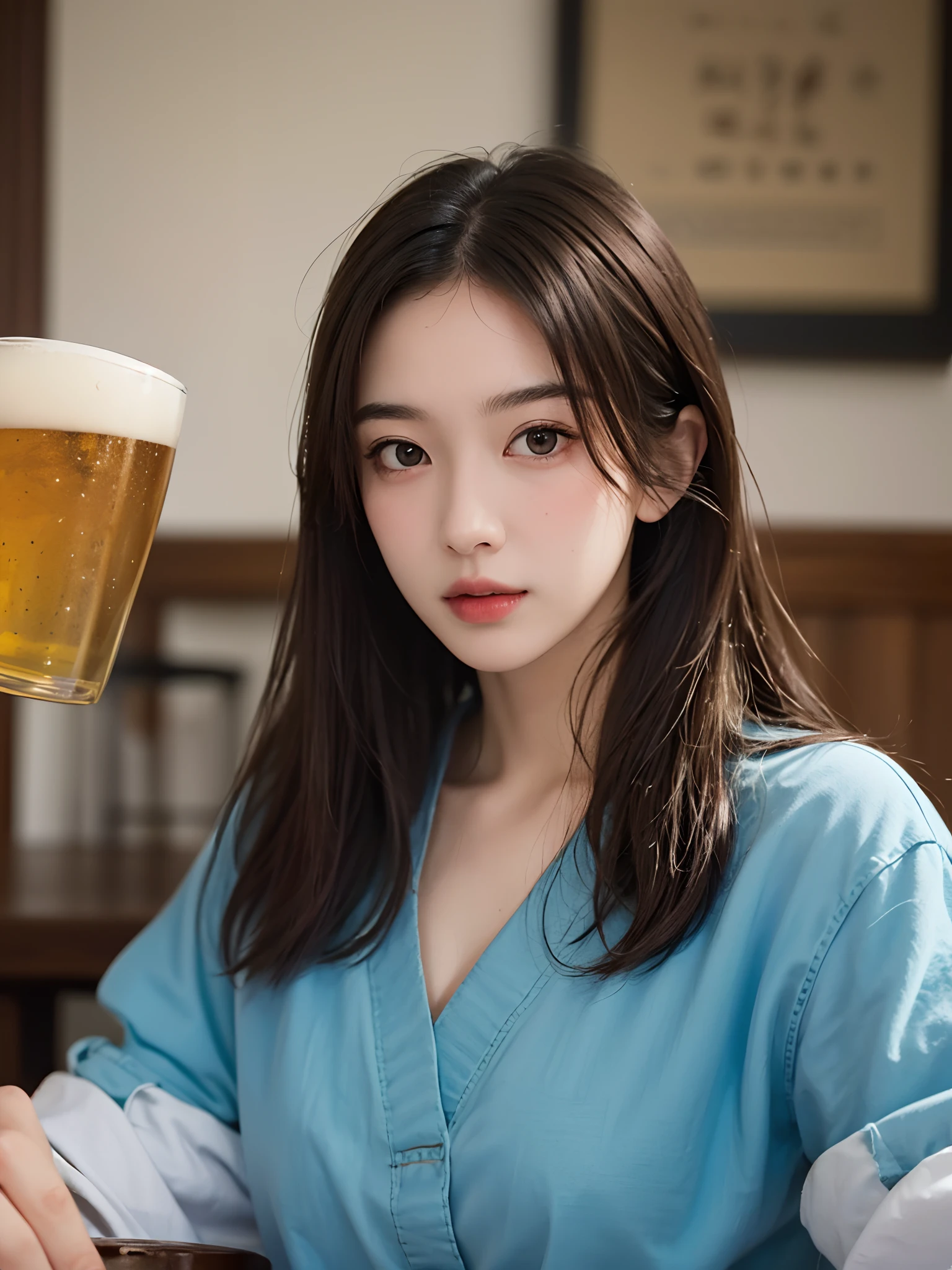 (masterpiece,best quality:1.4),(8k,raw photo,photo realistic:1.2),(shiny skin),detailed skin,detailed face,detailed eyes,1girl,upper body,Japanese idol,extremely beautiful face,brown hair,a girl holding beer mug,at the tavern