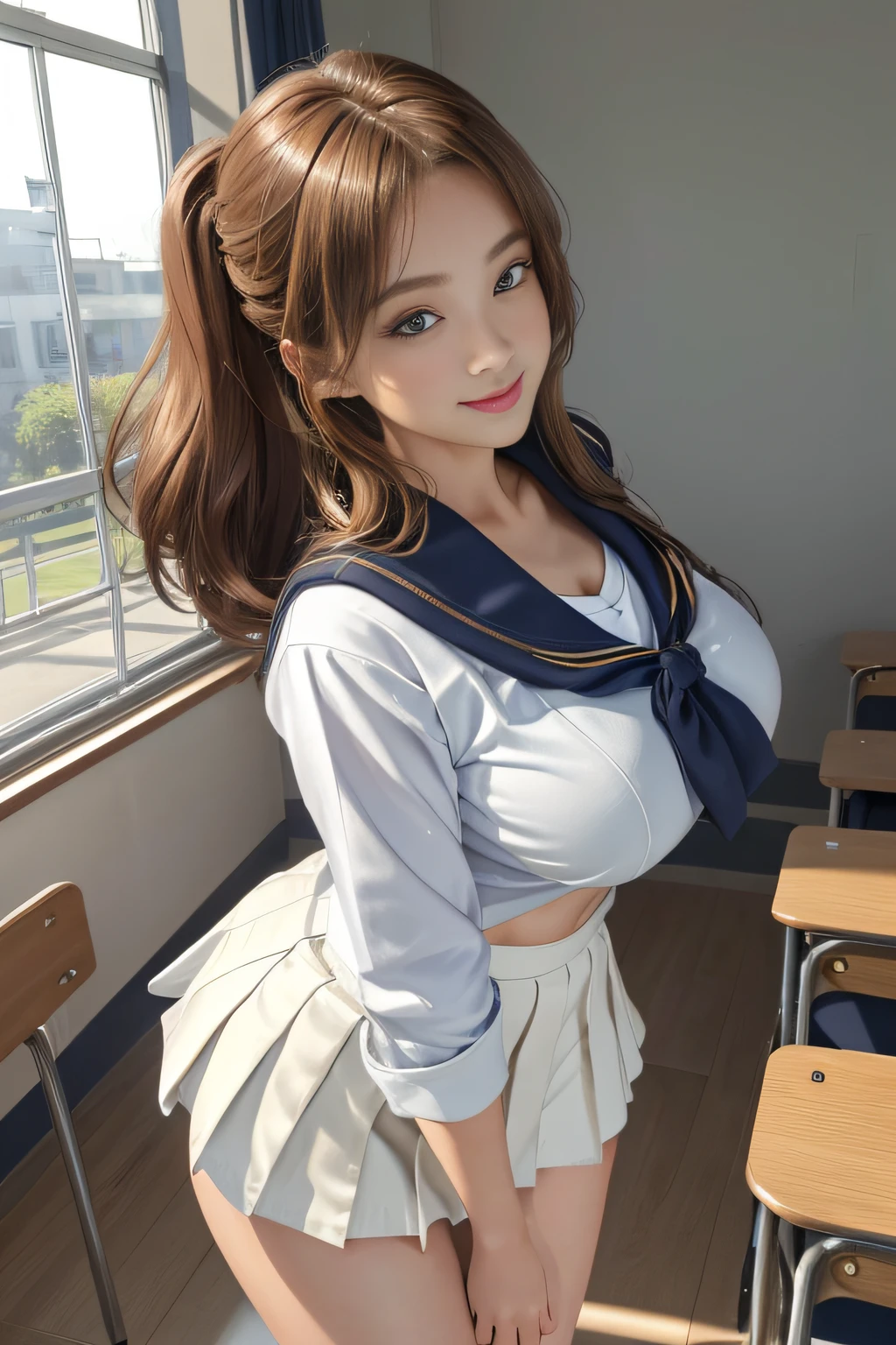 (masuter piece:1.3)、(8K、Photorealsitic、Raw photography、top-quality: 1.4)、(1girl in)、beautiful expression、(Lifelike face)、(light chestnut hair、short-cut: 1.5)、side poneyTail、Realistic eyes、Beautiful details、（real looking skin）、Beautiful skins、absurderes、enticing、超A high resolution、Ultra-realistic realism、high detal、the golden ratio、(Beautiful woman with accentuated slim abs:0.4)、(Casual Hair、Colossal tits)、Soft breasts、((cheely smile))、Exposed cleavage、Exposed legs、(standing in a classroom)、(Girl in front of school uniform、The skirt of the uniform is rolled up.、a sailor suit: 0.6)、(Thin fabric underwear、Fluttering chest、Flip the skirt: 1.8)、(Bewitching hips: 0.7)、(Looking back)、(Take a look at our:1.5)、(Looking at the camera)