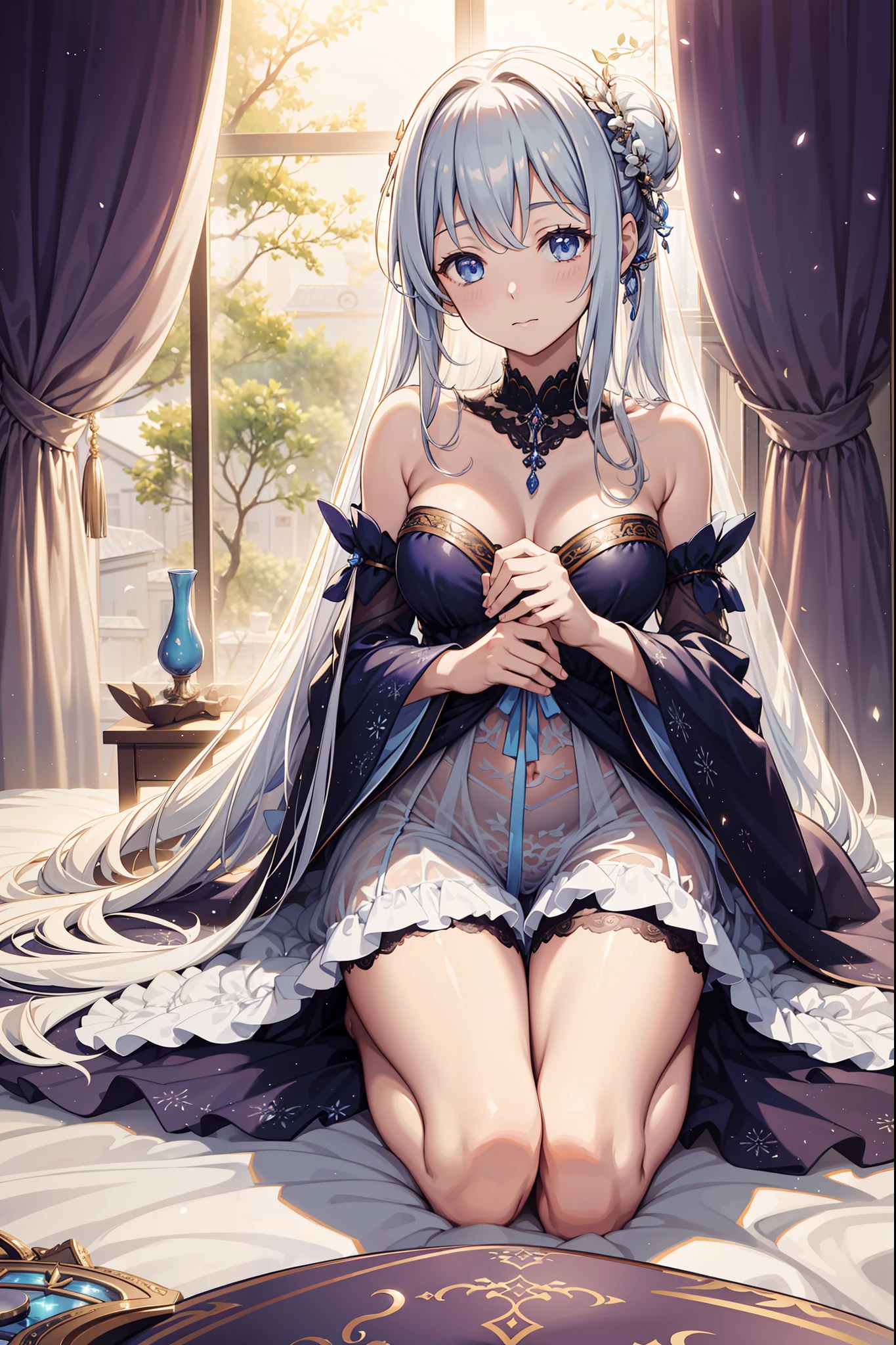 solo person,the night,inside in room,shyexpression,saintess,See-through Pajamas,see-through sleeves,Enchanted,Petal edges,adolable,Light colors,gentleness,Divine decoration,Sacred motifs,extremely detailed CG 8k wallpaper,best qualtiy,tmasterpiece,A high resolution,Delicate and beautiful face