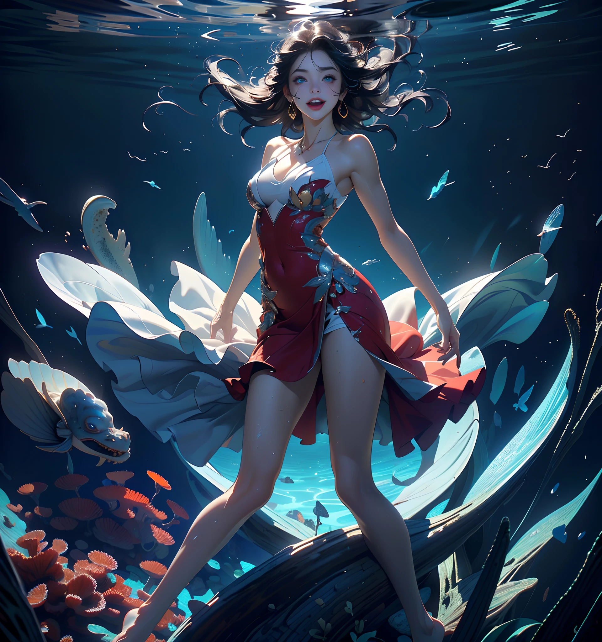 Underwater world Atlantis,abyssal,Epic reality,Mottled sunlight,cold shades,(hdr: 1.4),1girll,ar old,Silver hair,A heartwarming smile,Cute big breasts,Thick lips,Elongated eyes,Charming eyes,mature,Raised sexy,happy laughing,Open-mouthed,lie on one's side,((swimmning)),Floating,bodies relaxed,revealing breasts,Bare genitalia, Bulge,Camel toes,Desire for dissatisfaction,(Correct face 1.4)(Wearing:Long red slip dress,Soaked skirt,Metal-trimmed skirt,Flowing skirt),expose arms,(Background with:Ruins of Atlantis,Green aquatic plants,Colorful jellyfish,Colorful corals,)Fantastic and incredible,Epic composition,(Complicated details),(Complicated details,Hyper-detailing:1.2),art stations,(tmasterpiece,best qualtiy)surrealism, shadowing, anaglyph, stereograms, angle of view, Atmospheric perspective, Color field painting, art-deco, conceptual art, Chiaroscuro, Cinematic lighting, Lens flare, Sony FE GM, 8K, Super detail, ccurate, Best quality, A high resolution, Award-Awarded, Anatomically correct,(Beneath your feet:Destroyed buildings,White coral)Deep background,(Right eye 1.3),(Correct hand 1.4),Barefoot,without wearing shoes,Deep in the ocean,Sexy gesture,Correct number of arms,(((tmasterpiece),(Very detailed CG unity 8K wallpaper),best qualtiy,cinmatic lighting,detailed back ground,beatiful detailed eyes,Bright pupils,Blue eyes,Snow-whiteskin,Redlip(Very fine and beautiful),(Beautiful and detailed eye description),ultra - detailed,tmasterpiece,))((legs are open:1.4)),Weakens muscles,Not robust,Look down from above