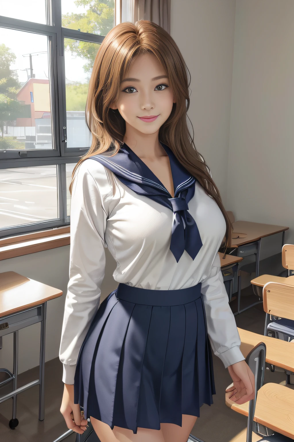 ((Beautiful girl in Japan:1.3)) ((School Uniforms:1.4)) ((pantyshot:1.5)) ((highschool)),((Dark blue skirt:1.3)) ((in class room:1.3)) ((Thin_fabric:1.4)) ((Random sexy poses:1.3)) ((full of sweat:1.5))((with a flushed face:1.4)) ((Big breasts:1.4)) ((close-up:1.2)) Best Quality,masutepiece,超A high resolution,(Photorealistic:1.4),Raw photo,(Authentic skin texture:1.3),(Film grain:1.3),the panorama,Character Portrait,Very Wide Shot,Narrow waist,Cowboy Shot,(In the Dark, deepshadow, lowkey, cold light,) Night,(()),Streaming Tears,,Dust,Tindall Effect,(expression),1girl in,beautiful detailed eyes and face,White Jabot,Brown eyes,((Brown hair:1.2)) ((Full body:1.3)) ((Smile:1.3))