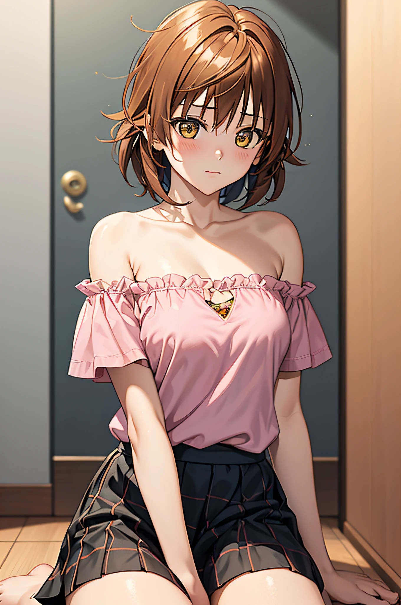 1girl,yuusaki_riko,orenge hair,short hair,messy hair,yellow eyes,Pink blouse,Blouse with prints, blouse with black borders,short sleeves, black skirt, bare shoulder,room background, looking at the viewer, portrait, barefoot,defined eyes, defined face,perfect anatomy