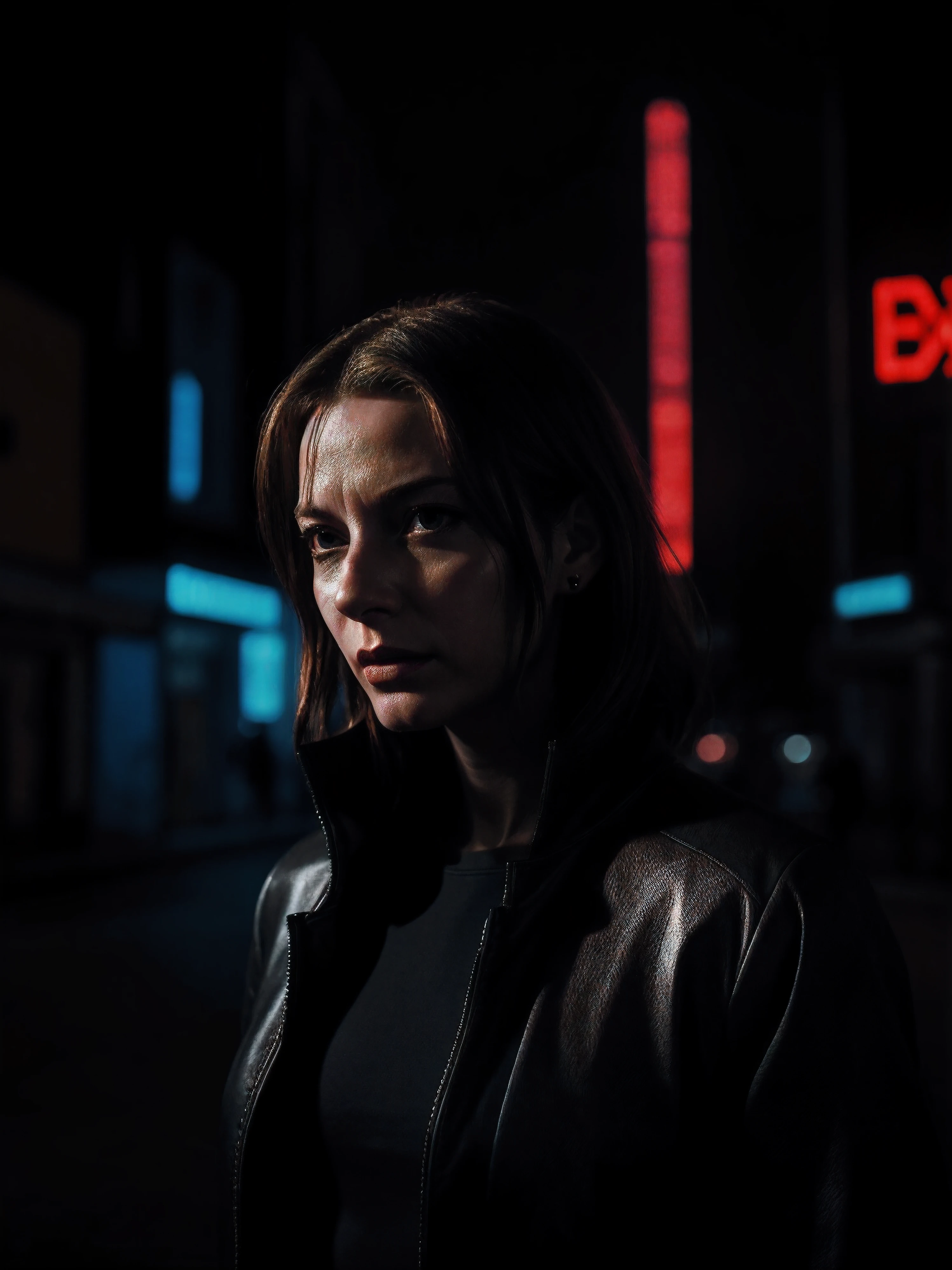 half body portrait photo of \AnnaTorv\ as a cyberpunk agent, wearing cyberpunk outfit, looking at viewer, backlighting, night time, neon lights, dark theme, cyberpunk reimagined