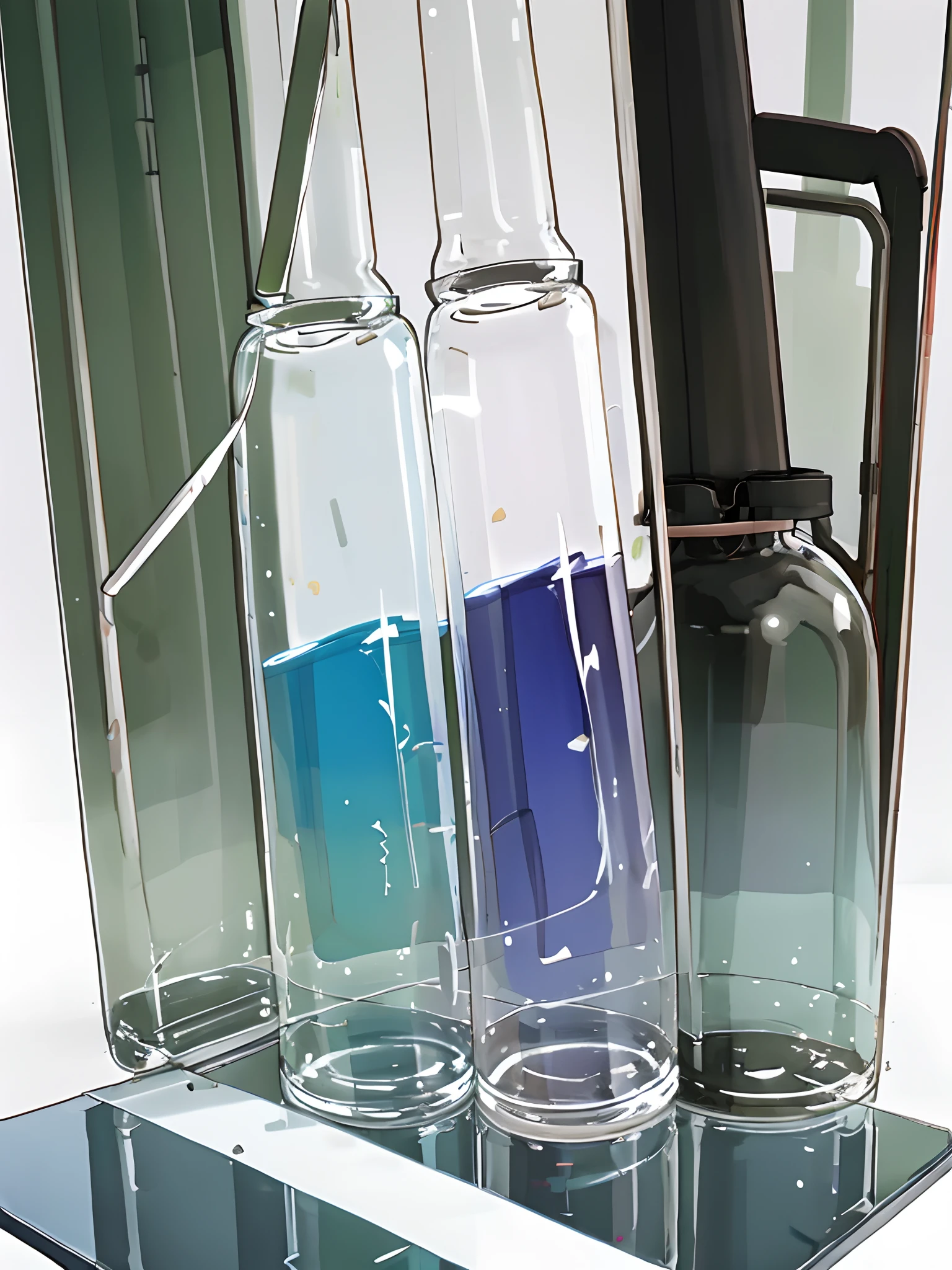 modern laboratory , producing synthetic fuel that is seen through glass containers in a brightly lit environment, sterile and without people