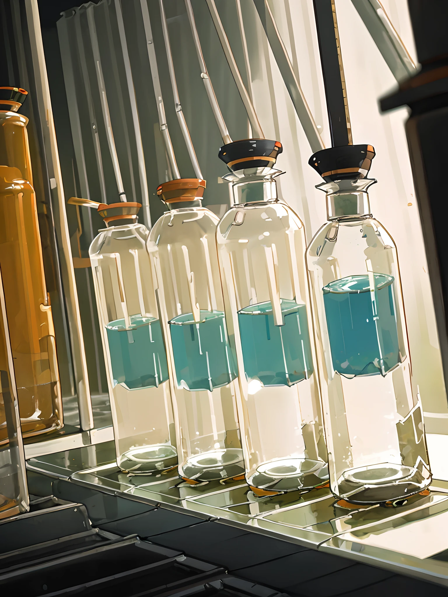 modern laboratory , producing synthetic fuel that is seen through glass containers in a brightly lit environment, sterile and without people