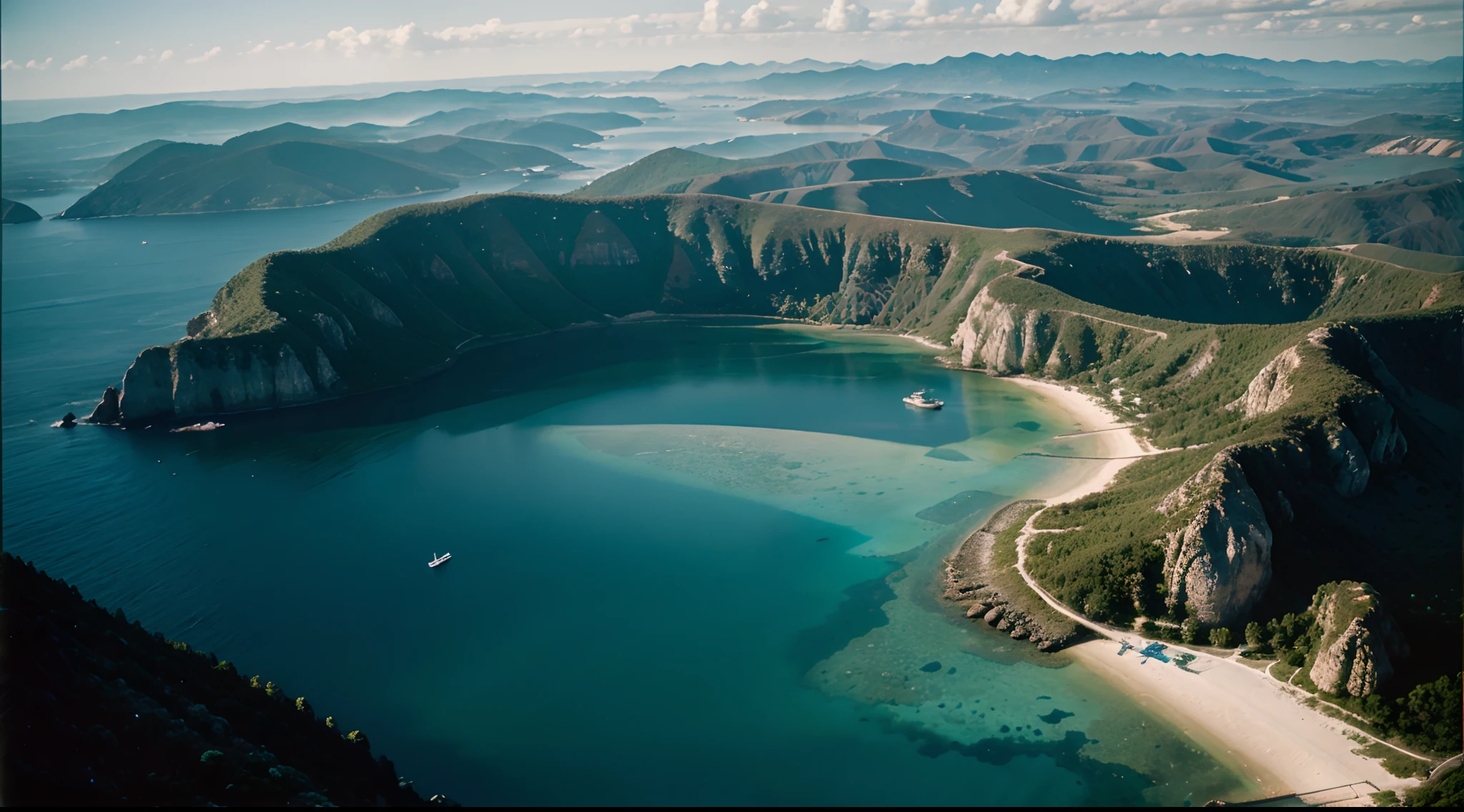 aerial view of a fantastic world, crystal clear waters, twilight light, photographic light, realistic photo, cannon R5 with 35mm lens