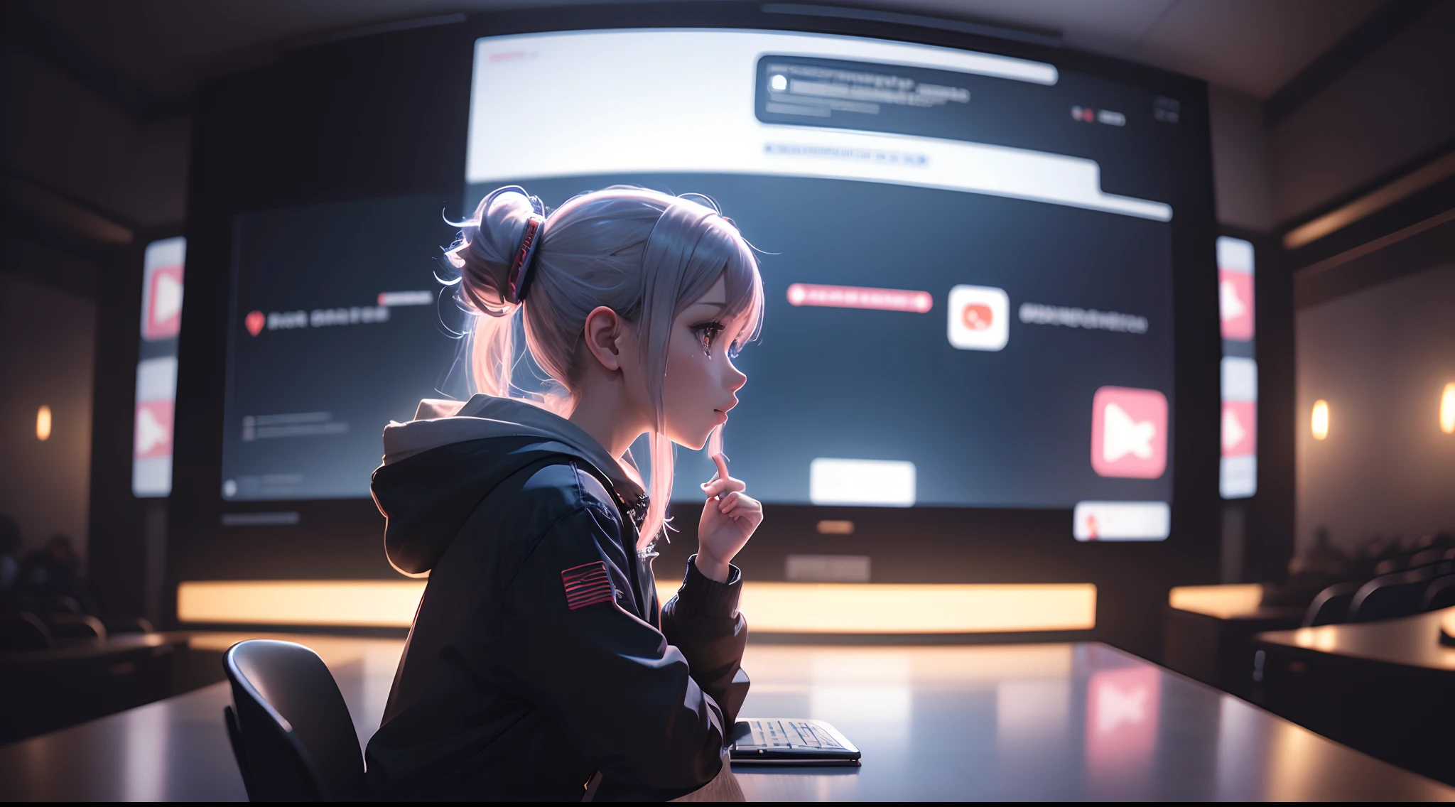 Background, ((showing social media on the screen)), (real and anime style), cinematic lighting, ray tracing, reflection light, depth of field, ((wide shot)), masterpiece, best quality, high quality, high details, highres, 4K, HD, 1080P