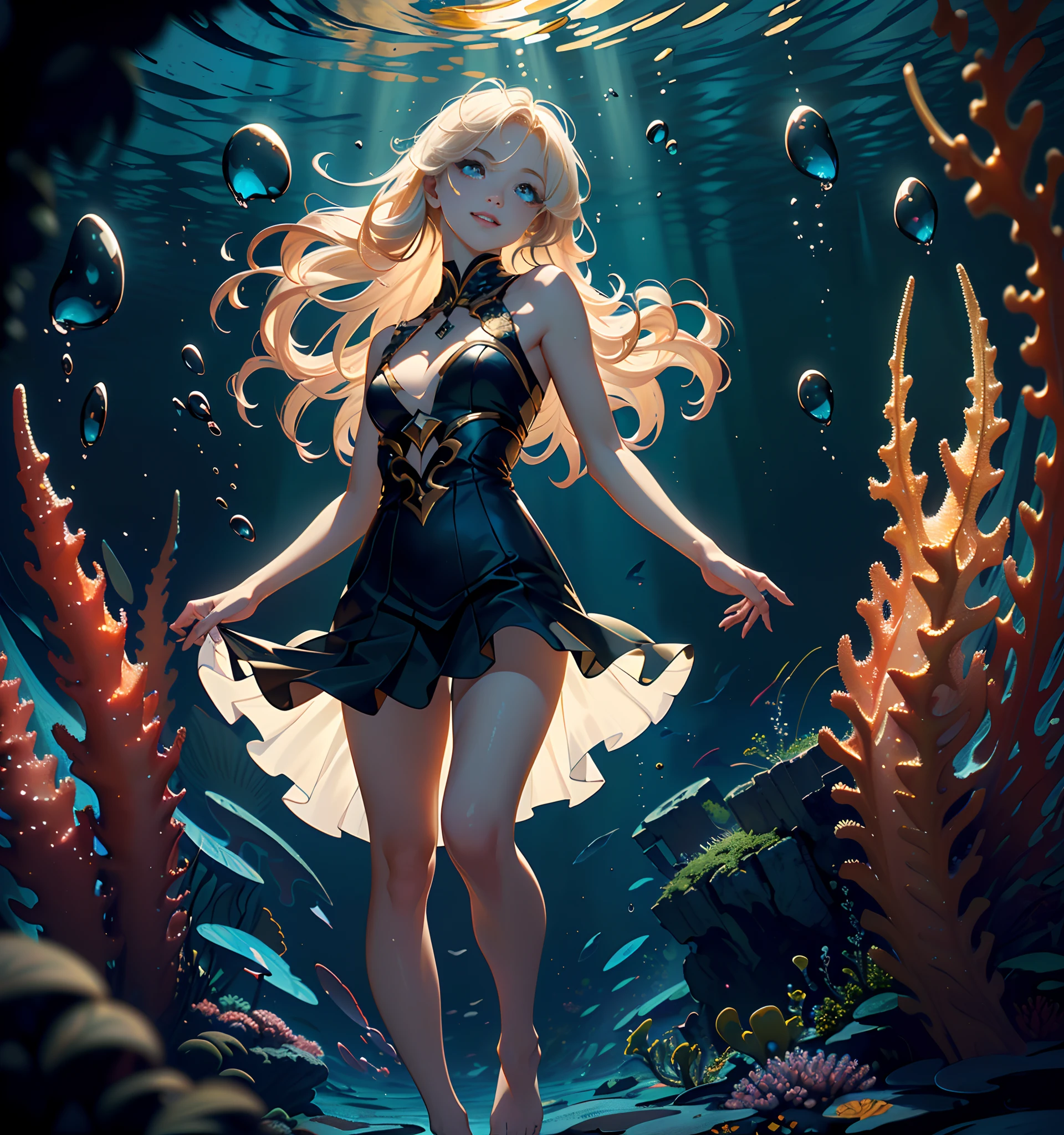 Underwater world Atlantis，abyssal，Epic reality，(hdr: 1.4)，1girll，age 5，The beautiful，A heartwarming smile，lovely small breasts，Floats in the middle of the frame，Thick lips，（（Do not open your mouth））Side Body，（Correct face 1.4）（Wearing：Long transparent dress，Metal-trimmed skirt），Golden hair，expose arms，（Background with：Ruins of Atlantis，deep sea creatures，The corals，）Fantastic and incredible，Epic composition，(Complicated details)，(Complicated details，Hyper-detailing:1.2)，art  stations，（tmasterpiece，best qualtiy）surrealism, shadowing, anaglyph, stereograms, tachi-e, angle of view, Atmospheric perspective, Color field painting, art-deco, conceptual art, Chiaroscuro, Cinematic lighting, Lens flare, Sony FE GM, 8K, Super detail, ccurate, Best quality, A high resolution, Award-Awarded, Anatomically correct，（Beneath your feet：Destroyed buildings，）Deep background，（Right eye 1.3），（Correct hand 1.4），Barefoot，without wearing shoes，Deep in the ocean，Gentle eyes，graceful stance，Place your right hand on top of your head，The left hand is in front，Correct number of arms