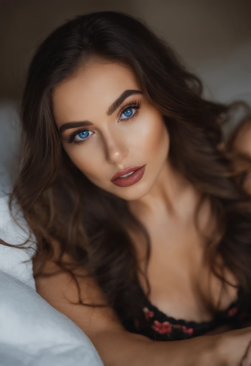 Chica sexy 22 con ojos azules, retrato de Sophie Mudd, cabello rubio y ojos grandes, Selfie of a young woman biting her lip Slightly subtle makeup, mostrando los senos, Photo in bed looks at camera from above in sexy lingerie with slightly sagging breasts