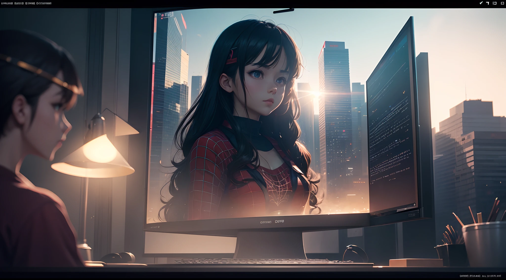 Background, using the screen, ((showing web forum)), (real and anime style), cinematic lighting, ray tracing, reflection light, depth of field, ((wide shot)), masterpiece, best quality, high quality, high details, highres, 4K, HD, 1080P