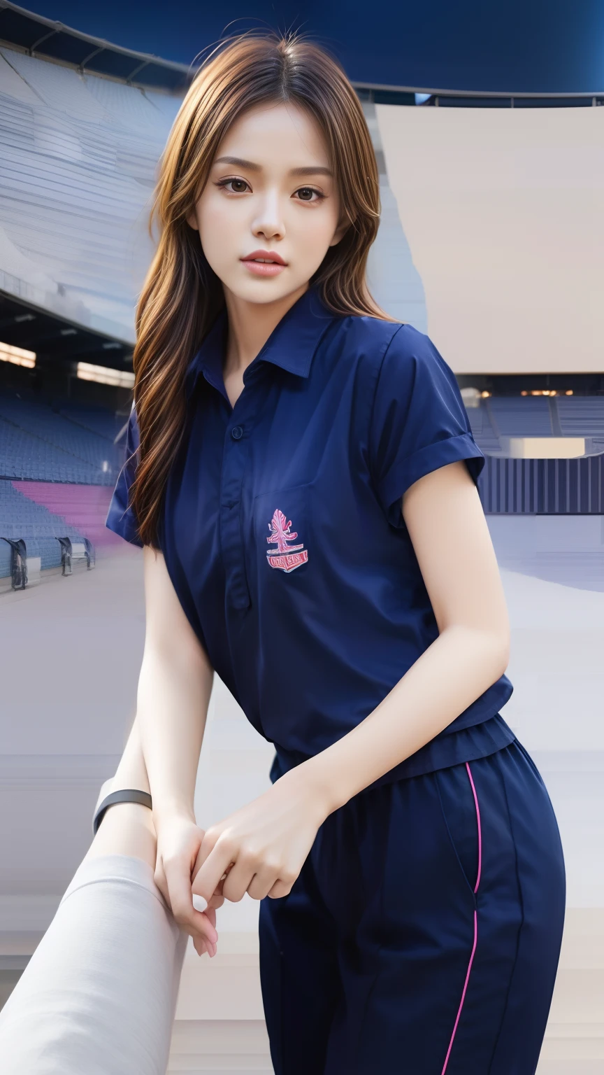 (bestquality,10,10,highres,masterpiece:1.2),ultra-detail,(Realistic,photorealistic portrait,photo-realistic:1.37),1 Cute girl in the football field,oily shiny skin,bara,light smile,BDclothes,((blue shirt:1.3)),short sleeves,shirt, trousers.,(navy_long_Pants Track:1.1), ((Stadium Background:1.3)),dynamic angle,excited,face focus,Dynamic Poses,from behide,Ass Focus,masterpiece, bestquality, ultra realistic, hyper-detail, 8k resolution, RAW photo, crisp focus, ((Navy blue shirt:1.1)), short sleeves, Long Path, Perfect body, 2 mature women, 18yo, cinematic light,Blue sweatpants,Gymware,Correct anatomy,Complete body, Correct body, sharp face, Anatomically correct body, full entire body, Realistic gestures, long-haired, Realistic poses,Wear long shorts...,Long leg span,Shapely,Sculpting Girl, Hourglass puppet, Shapely ,Beautiful body, slim