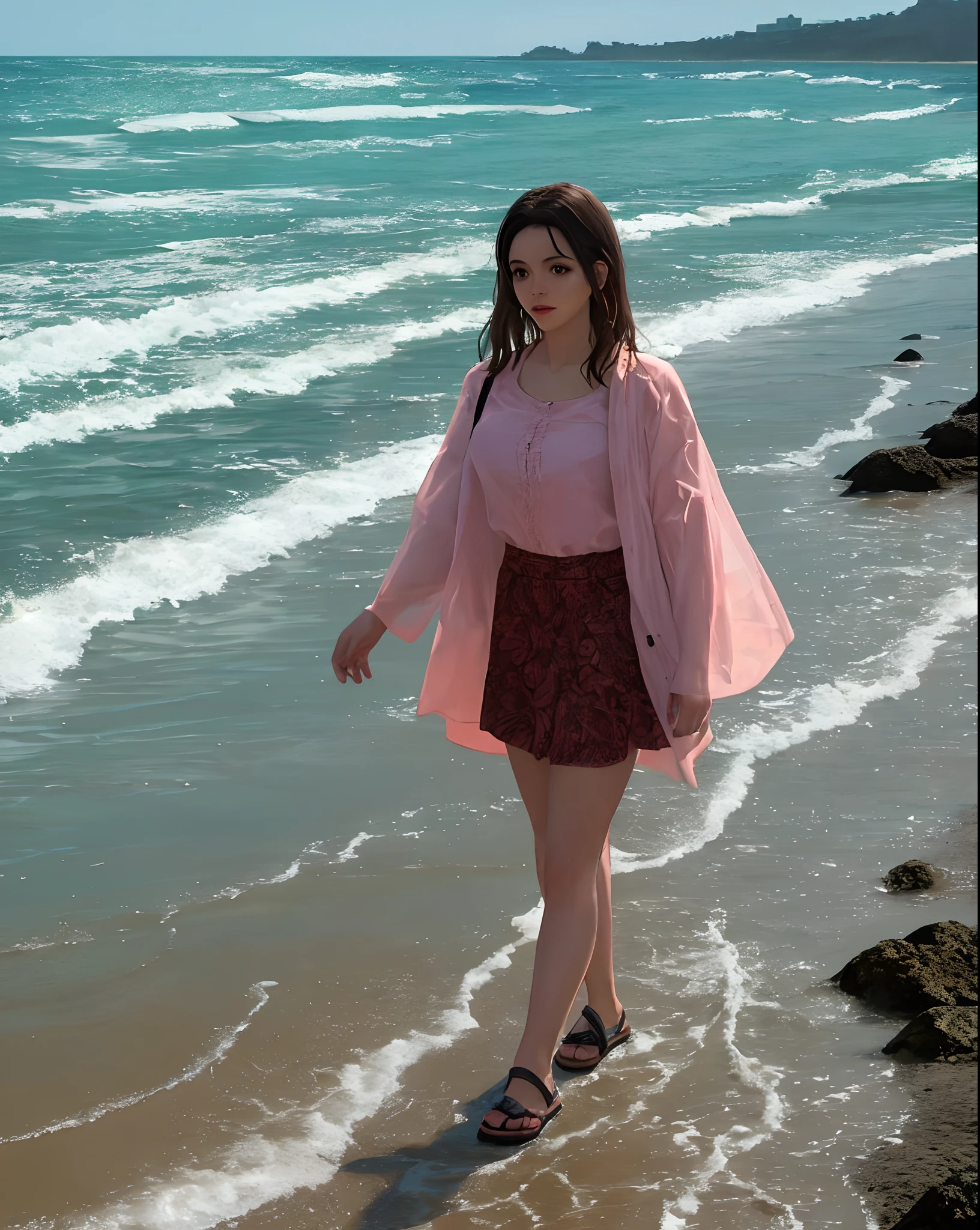 Mulher andando na praia em um fim de tarde chuvoso
