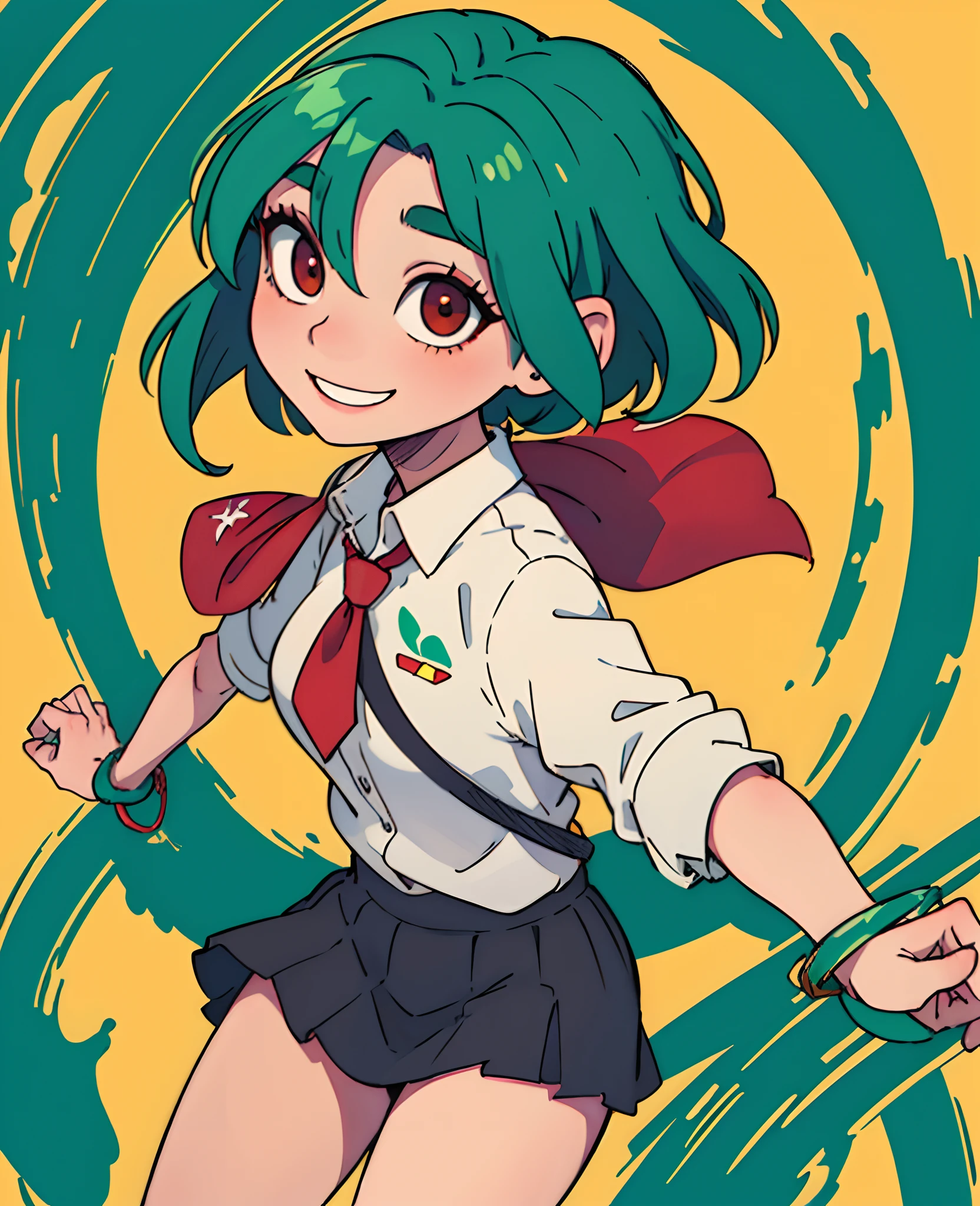 (best quality, masterpiece1.2), 1girl, solo, looking at the viewer, over-the-shoulder shot, yellow background: 1.3, colorful, simple background,
dynamic pose, naked, smile, detailed eyes, red eyes, green hair, bob cut, tie, miniskirt, hair over one eye,
gardevoir,