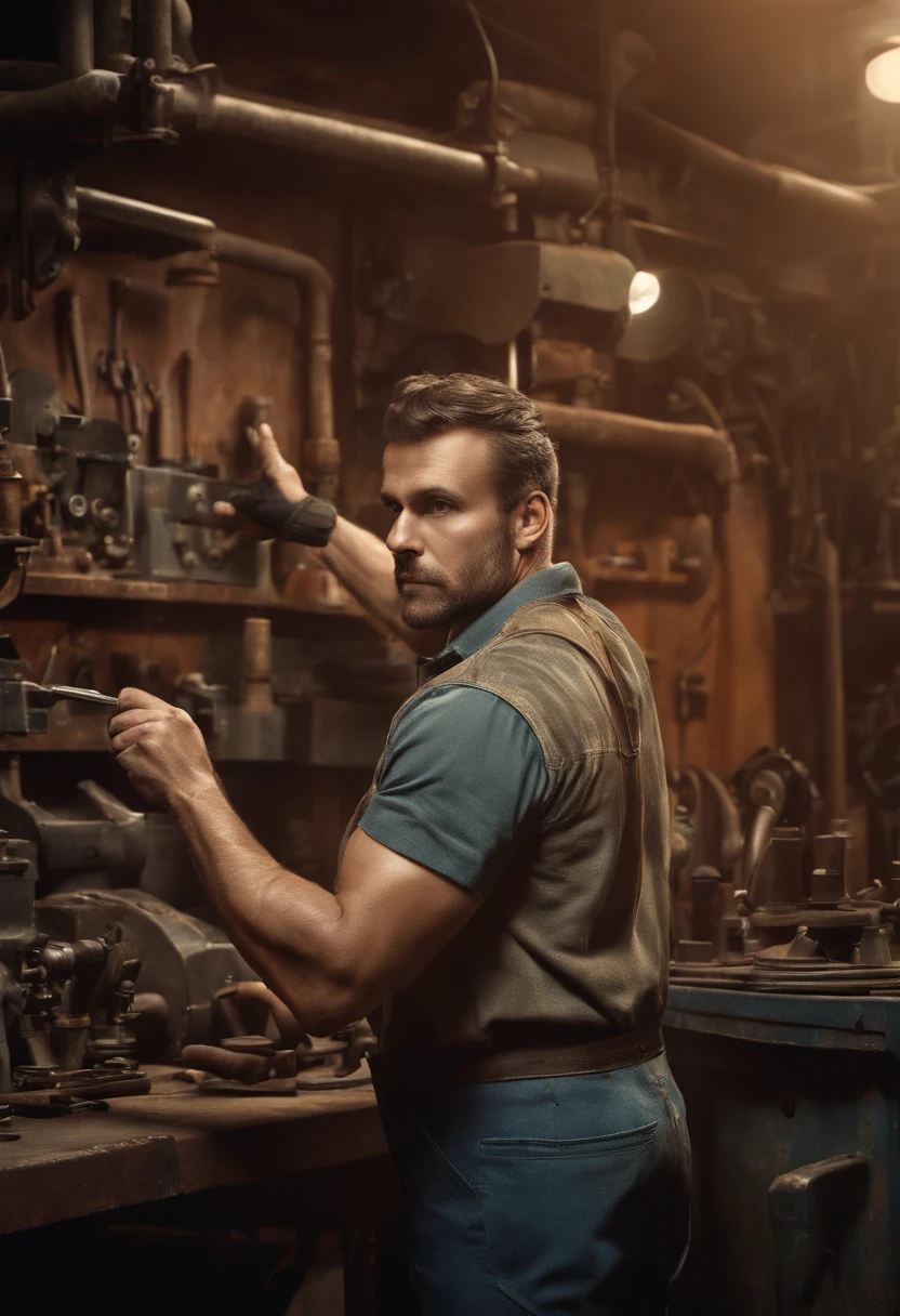 Mechanic in a workshop pointing with hands to the left side