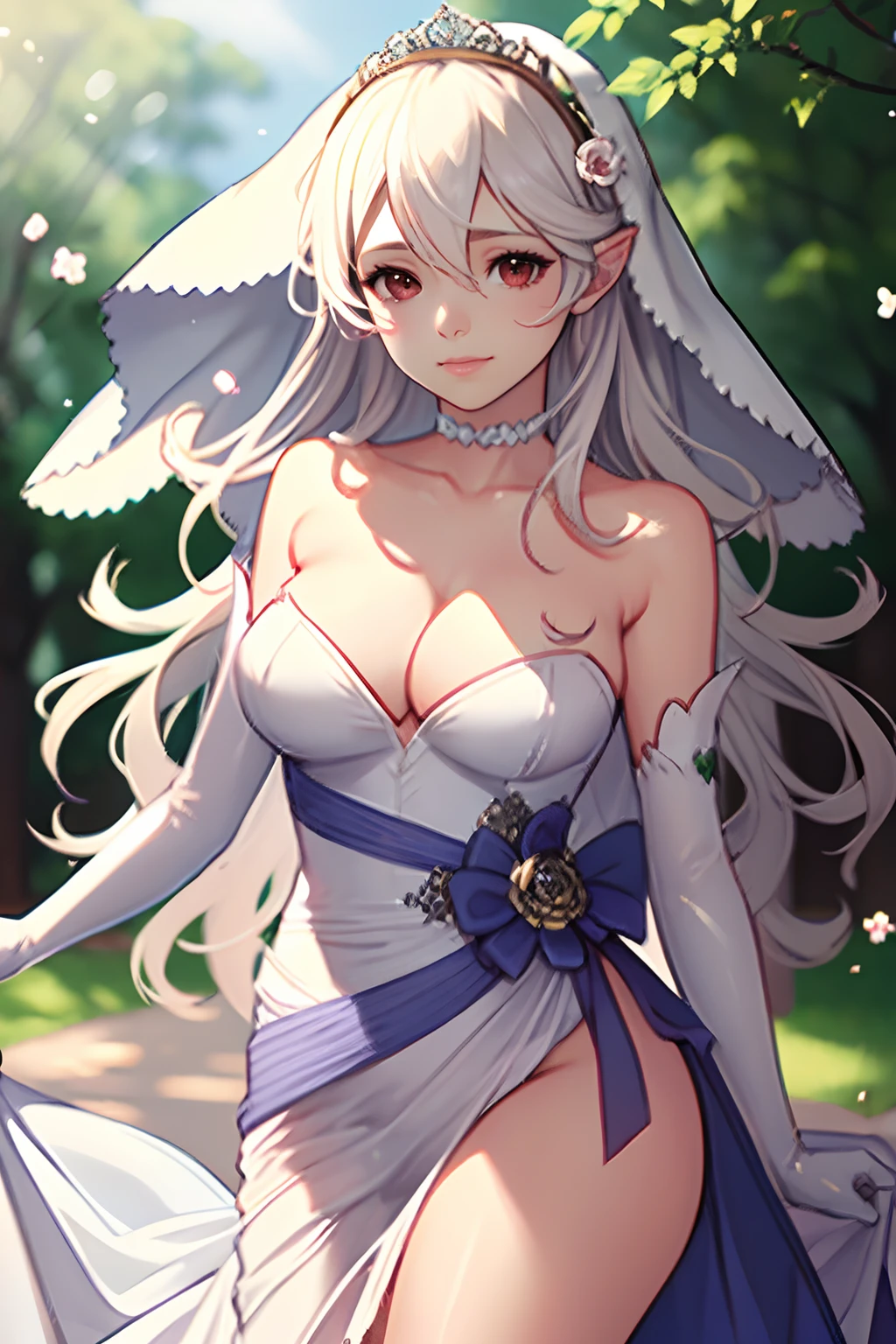 defCorrin, white hair, long hair, hair ornament, gloves, dress, cleavage, bare shoulders, collarbone, white oprea gloves, white gloves, white dress, strapless, tiara, veil, strapless dress, wedding dress, bridal veil, beautiful woman, perfect body, perfect breasts, wearing a wedding dress, ball gown, in the park trees, wedding decorations, looking at the viewer, a slight smile, realism, masterpiece, textured skin, super detail, high detail, high quality, best quality, 1080p, 16k